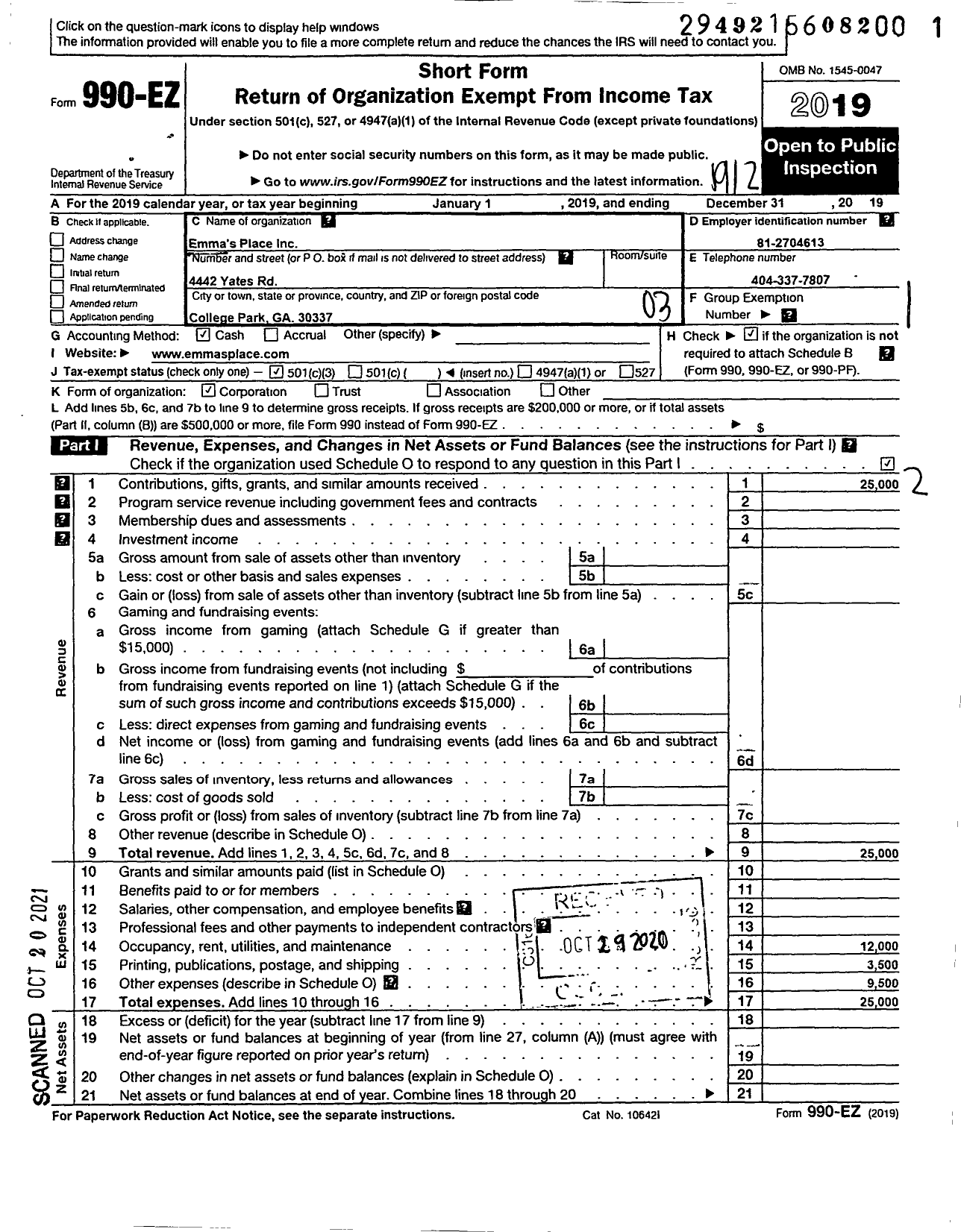 Image of first page of 2019 Form 990EZ for Emmas Place