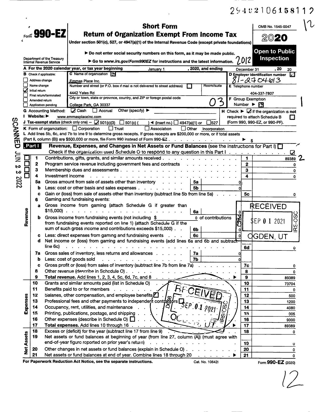 Image of first page of 2020 Form 990EZ for Emmas Place