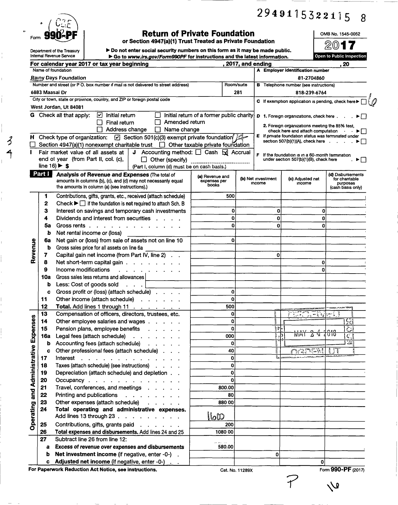 Image of first page of 2017 Form 990PF for Rainy Days Foundation