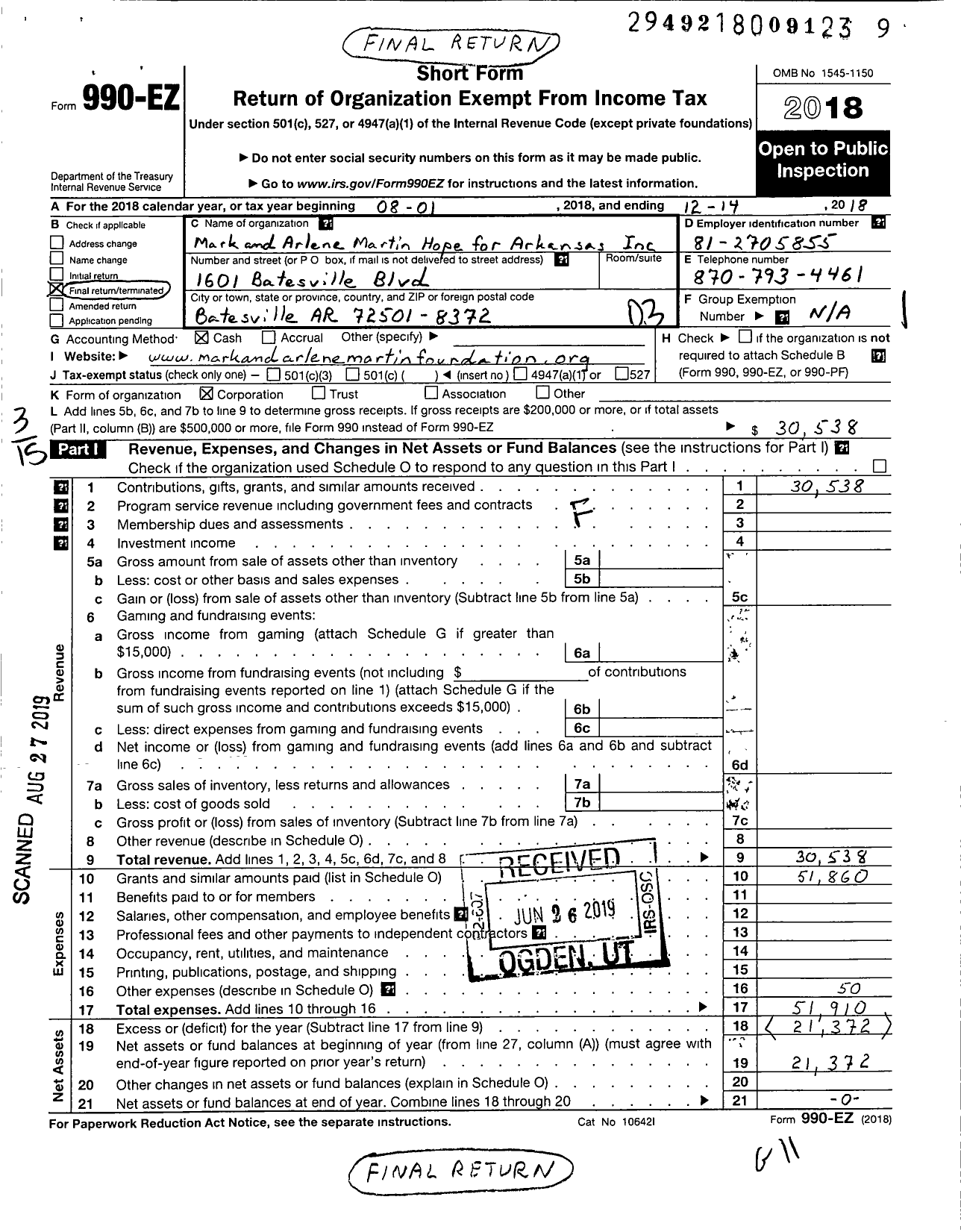 Image of first page of 2018 Form 990EZ for Mark and Arlene Martin Hope for Arkansas