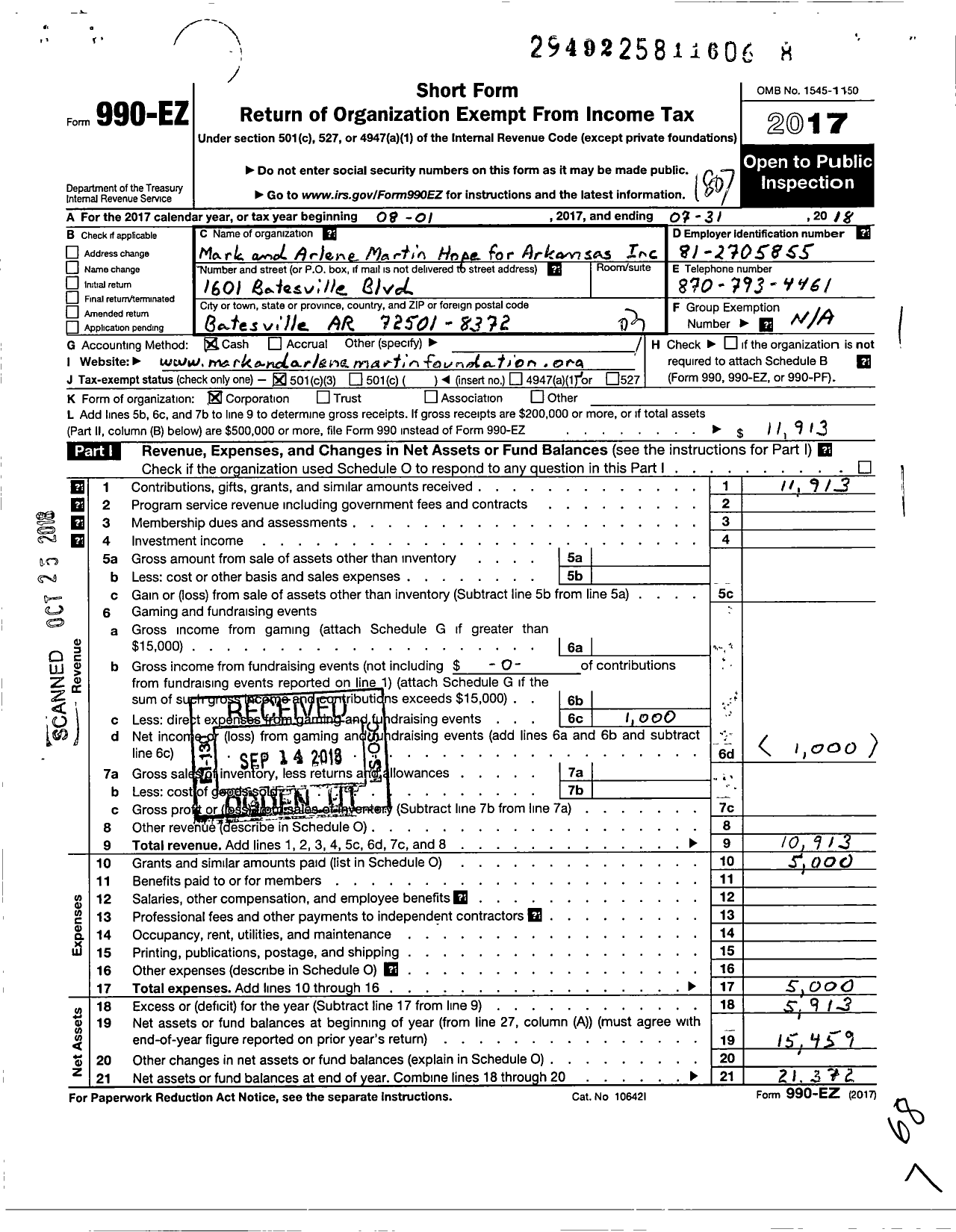 Image of first page of 2017 Form 990EZ for Mark and Arlene Martin Hope for Arkansas