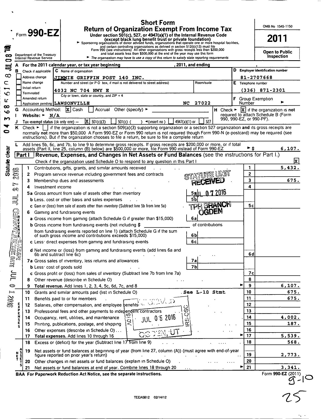 Image of first page of 2011 Form 990EZ for Jimmie Griffin Post140