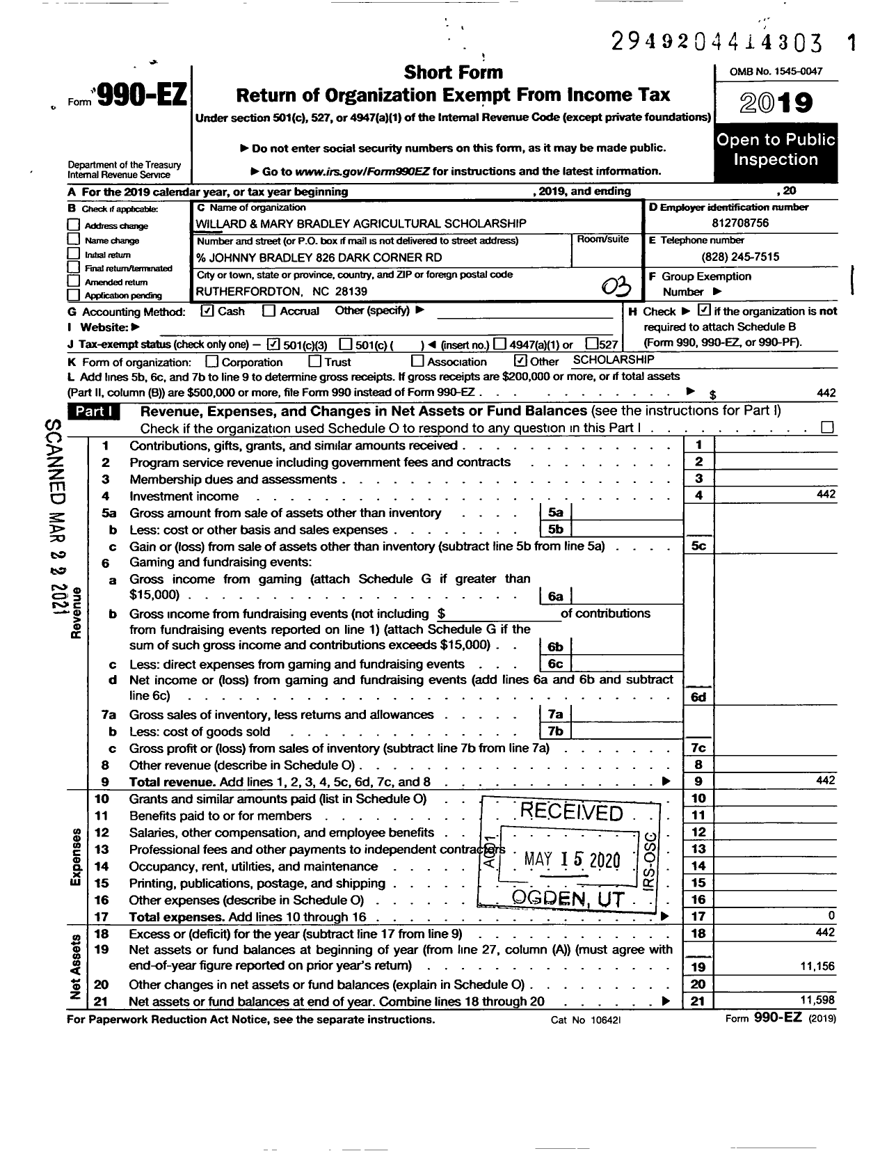 Image of first page of 2019 Form 990EZ for Willard and Mary Bradley Agricultural Scholarship