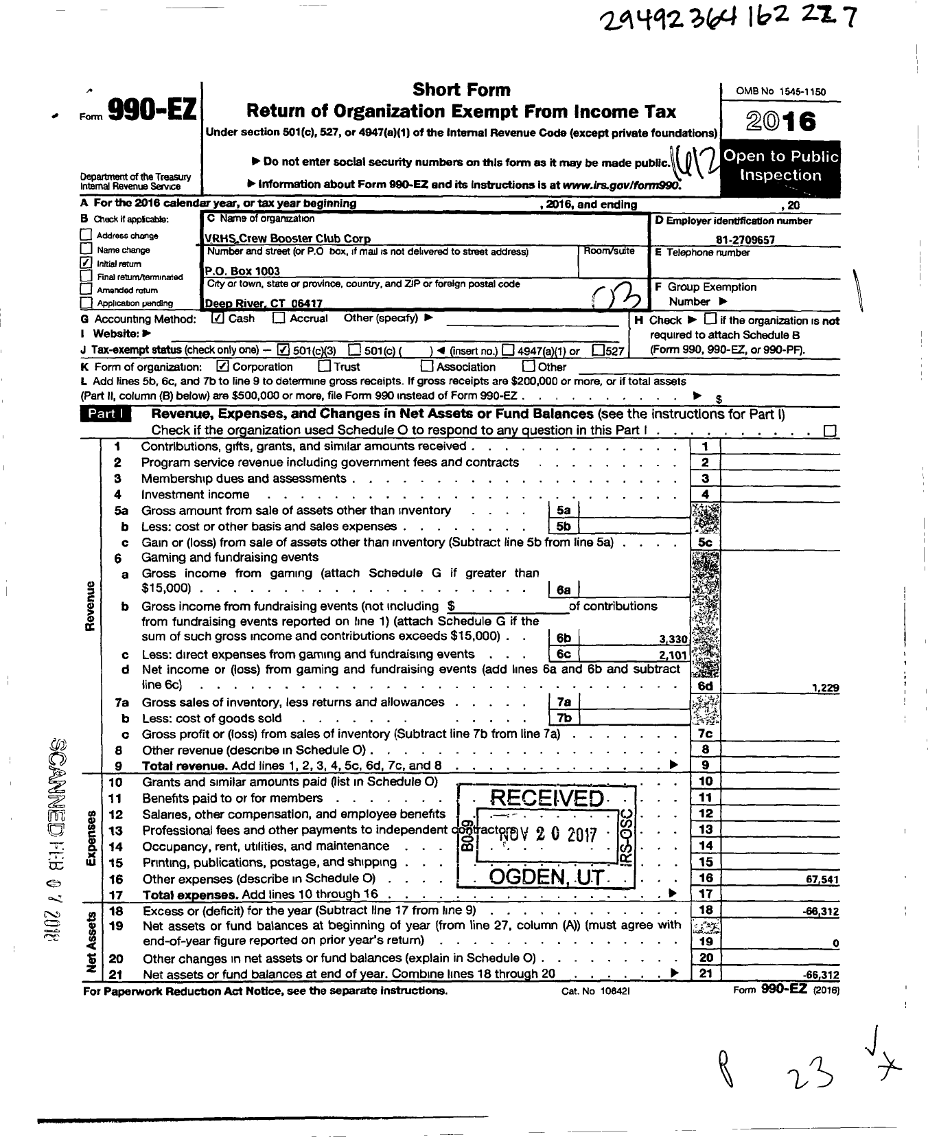 Image of first page of 2016 Form 990EZ for VRHS Crew Booster Club Corporation