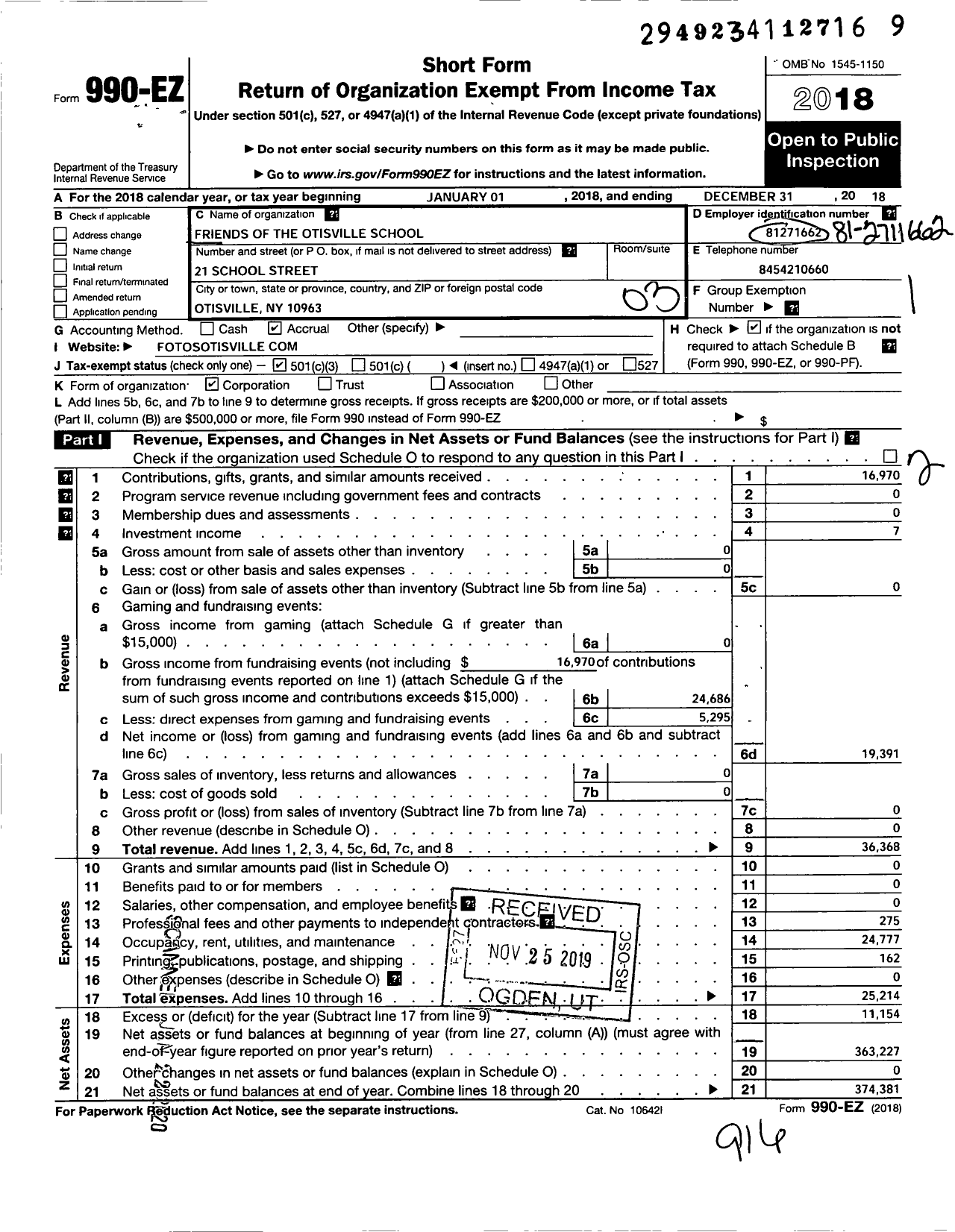 Image of first page of 2018 Form 990EZ for Friends of the Otisville School