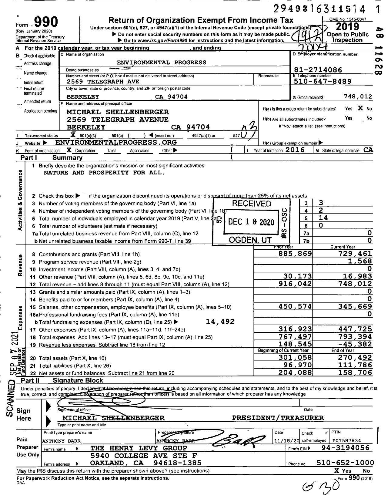 Image of first page of 2019 Form 990 for Environmental Progress