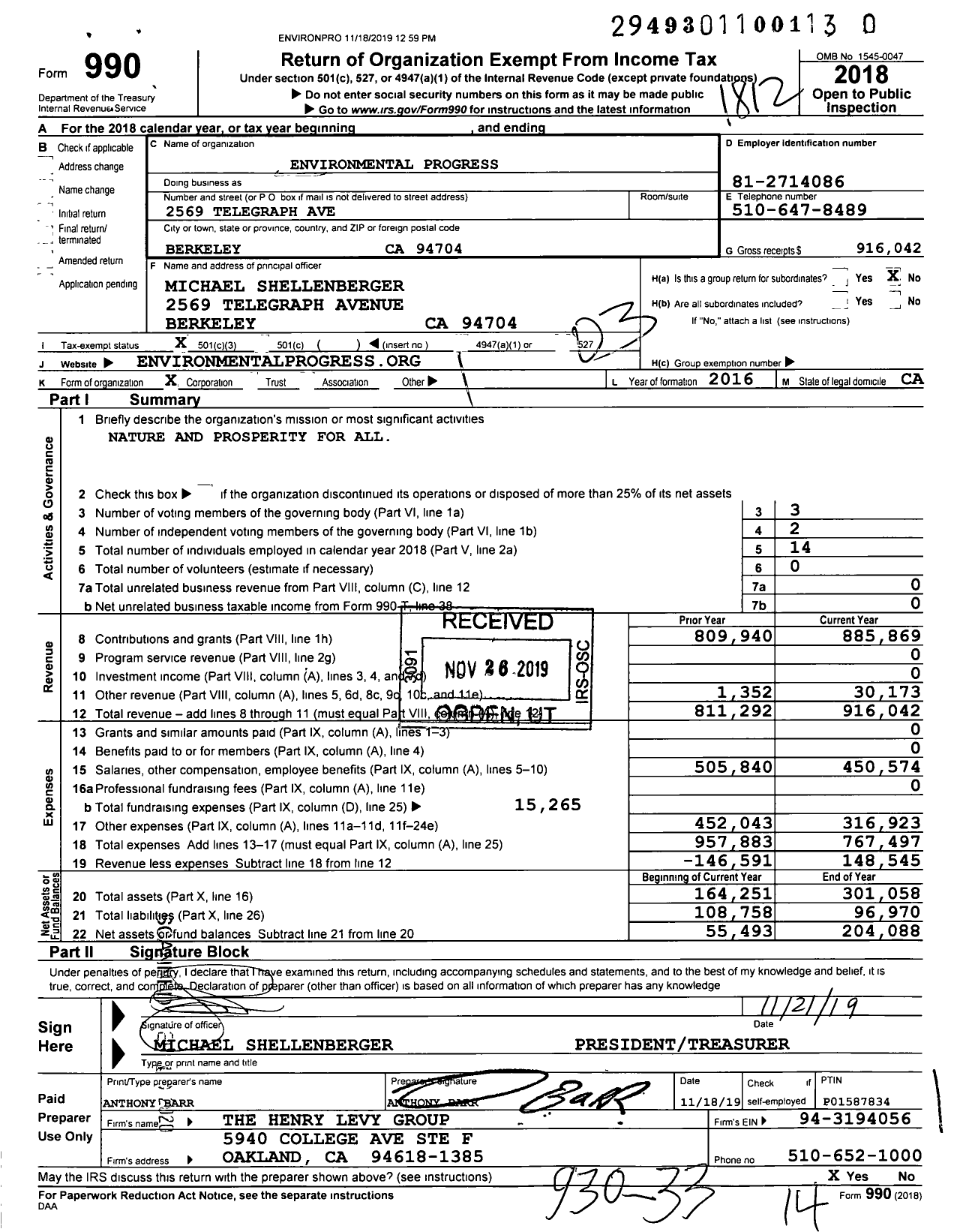 Image of first page of 2018 Form 990 for Environmental Progress