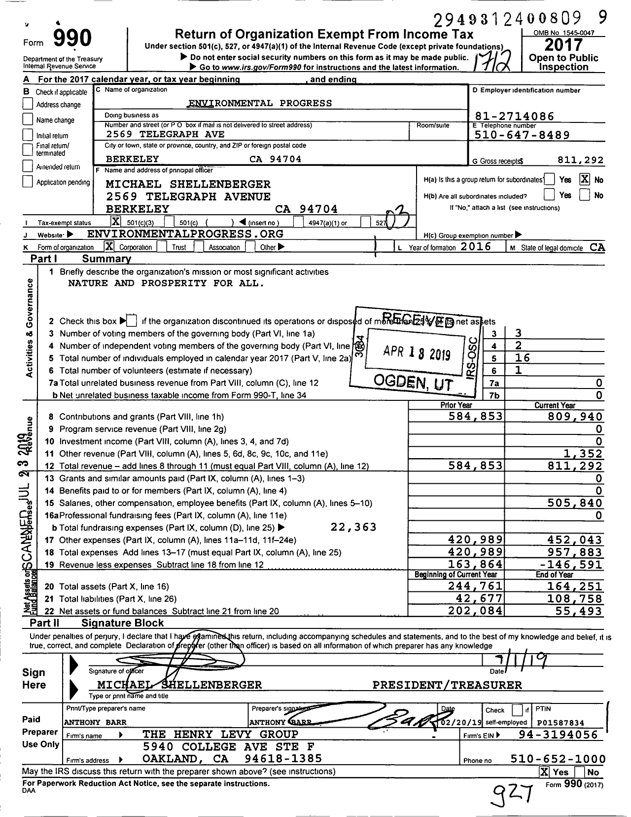 Image of first page of 2017 Form 990 for Environmental Progress