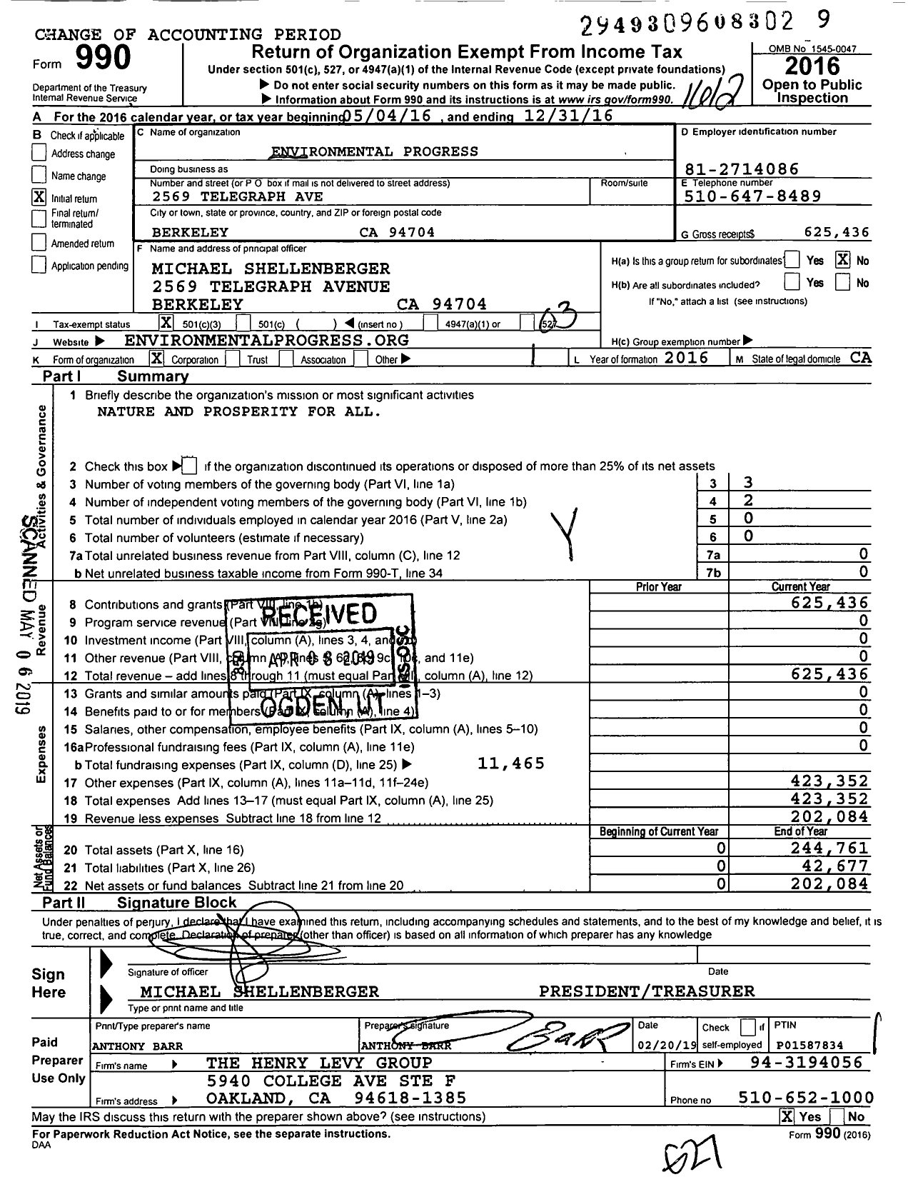 Image of first page of 2016 Form 990 for Environmental Progress