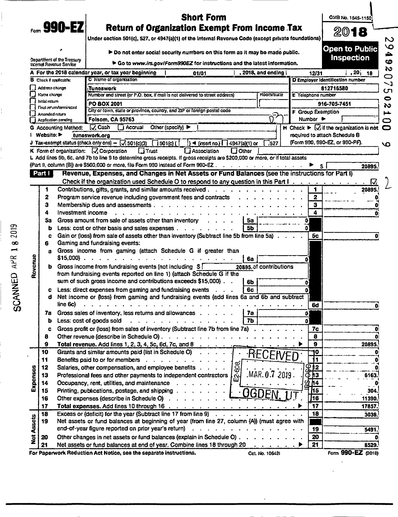 Image of first page of 2018 Form 990EZ for TunesWork