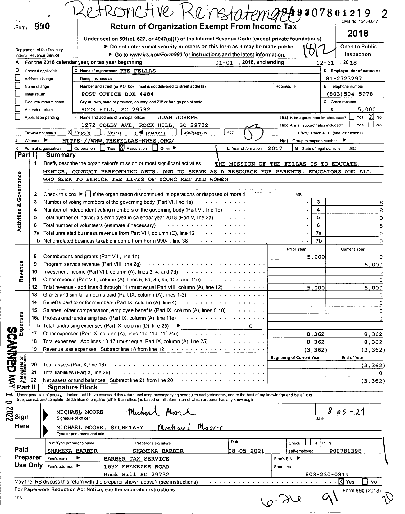 Image of first page of 2018 Form 990 for The Fellas