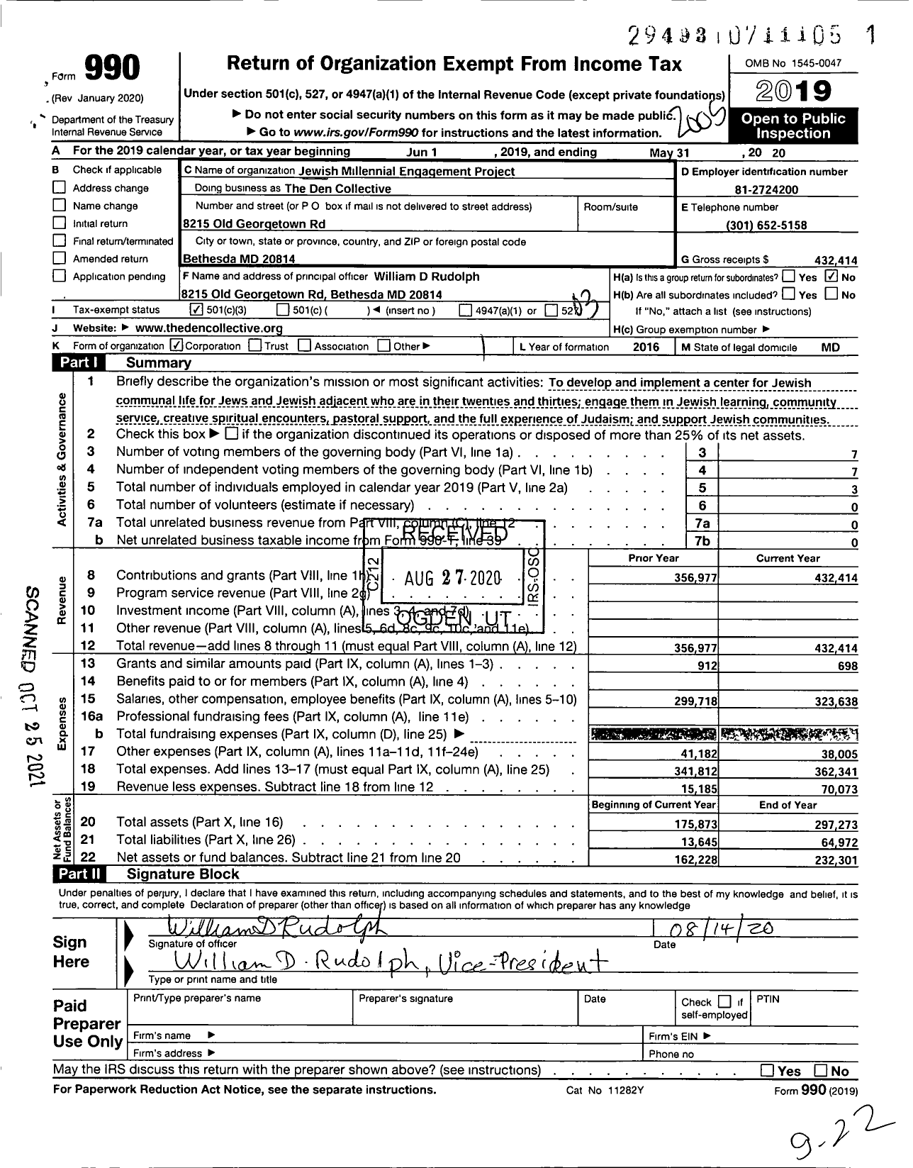 Image of first page of 2019 Form 990 for Jewish Millennial Engagement Project