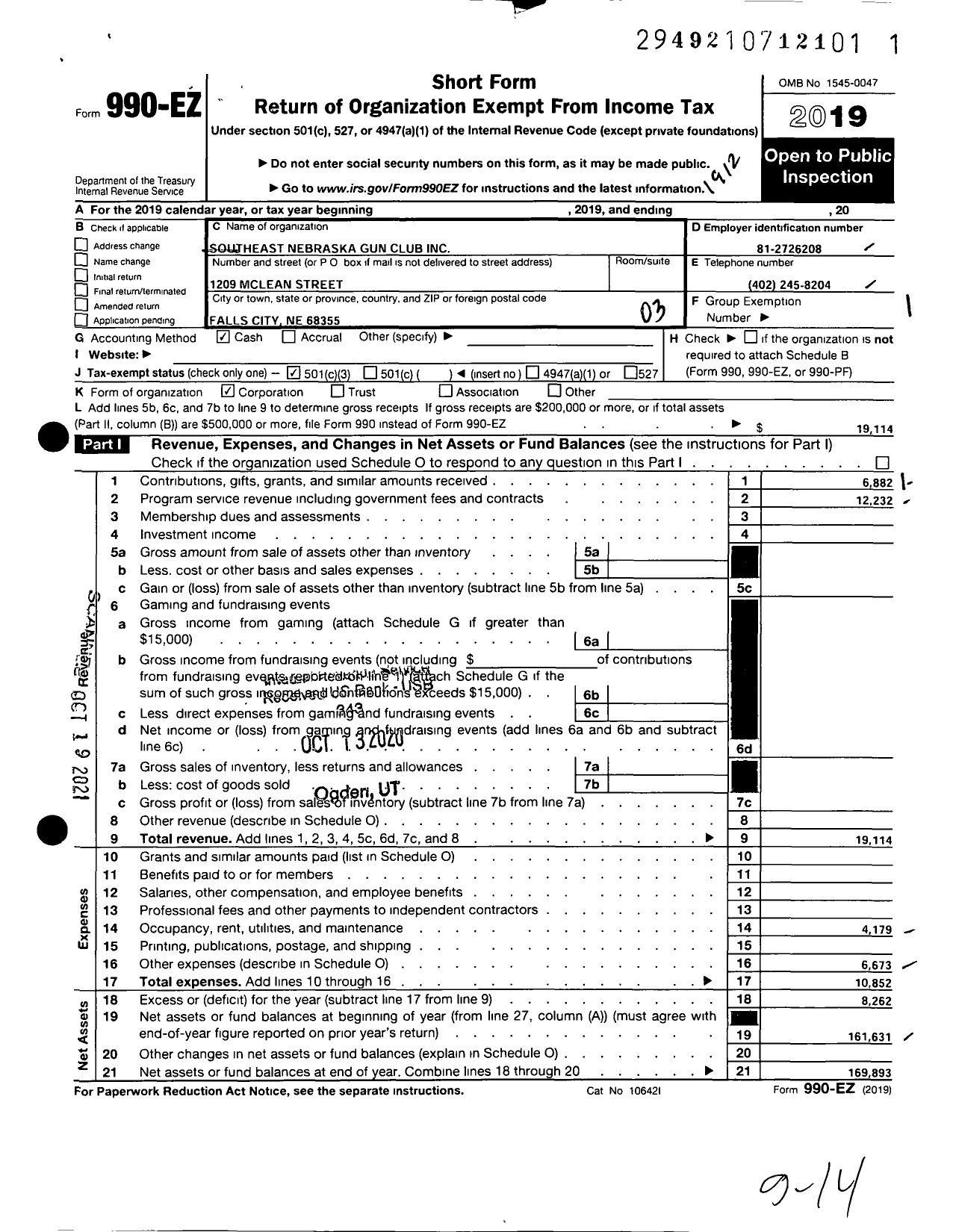 Image of first page of 2019 Form 990EZ for Southeast Nebraska Gun Club