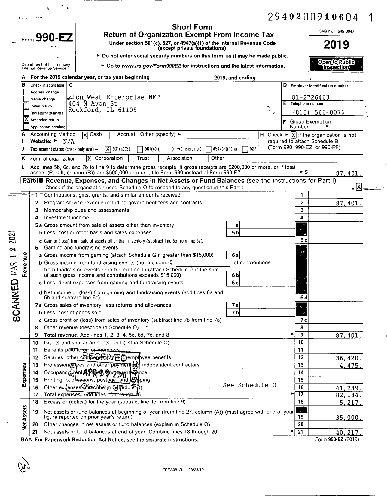 Image of first page of 2019 Form 990EZ for Zion West Enterprise NFP