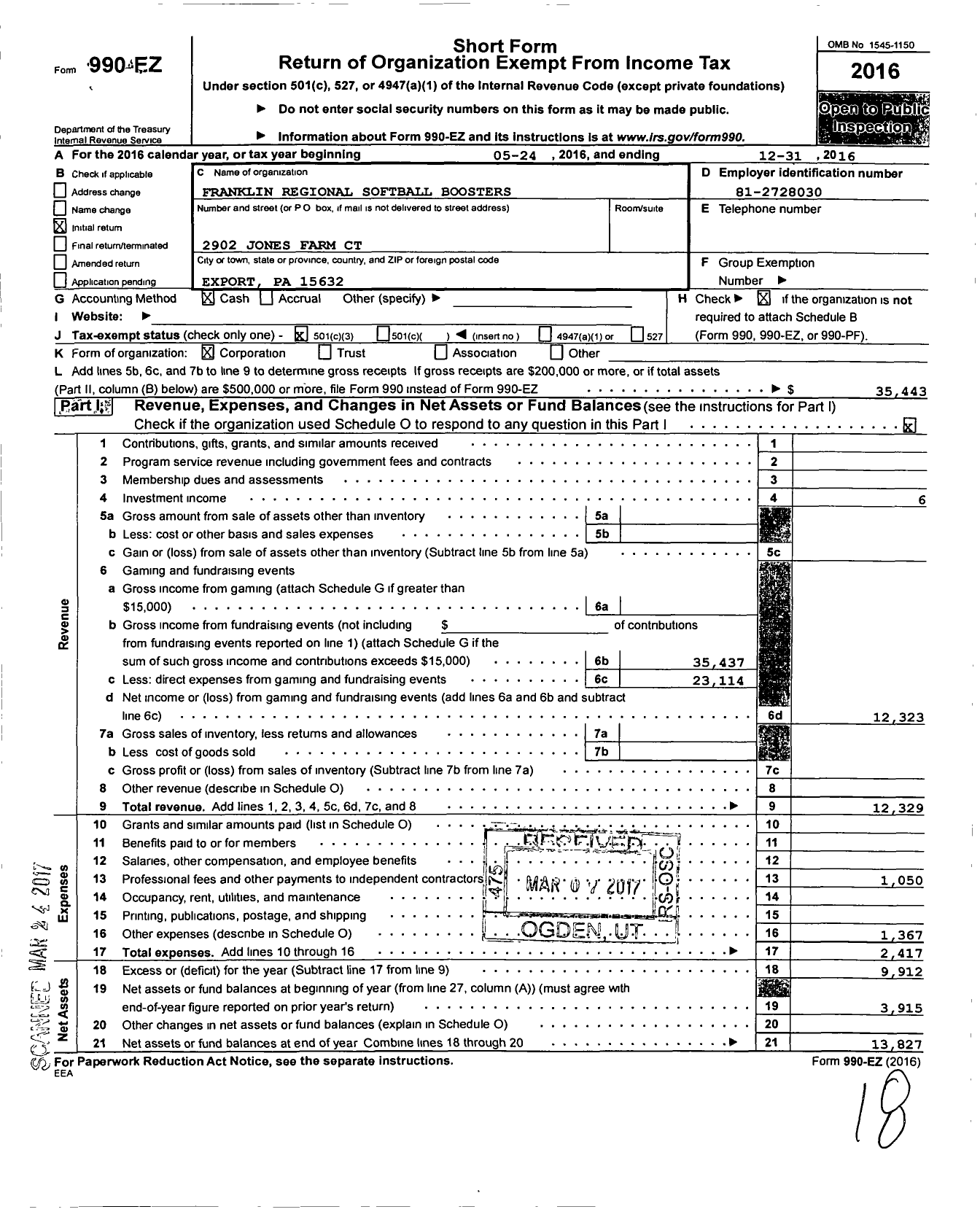 Image of first page of 2016 Form 990EZ for Franklin Regional Softball Boosters