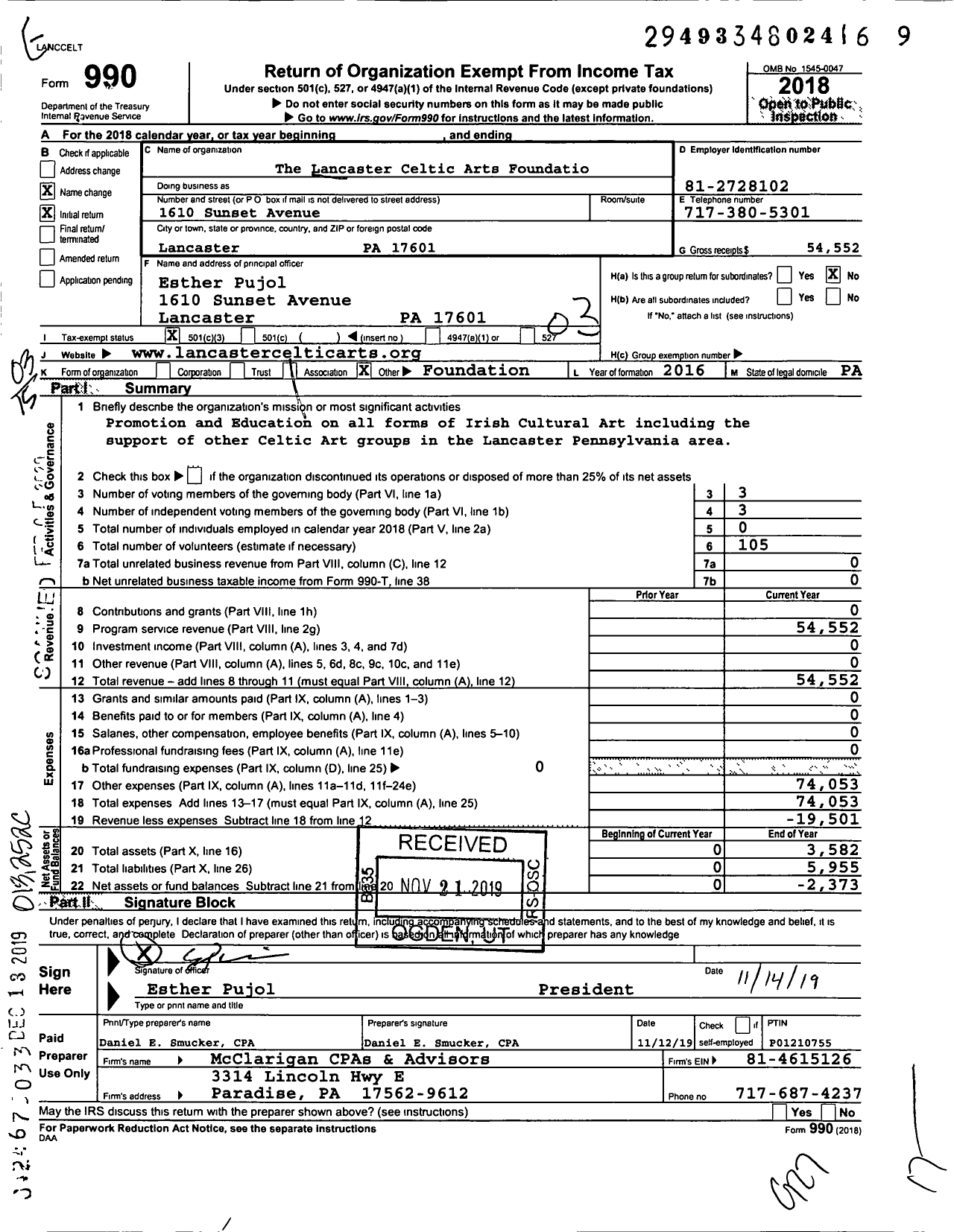 Image of first page of 2018 Form 990 for The Lancaster Celtic Arts Foundation