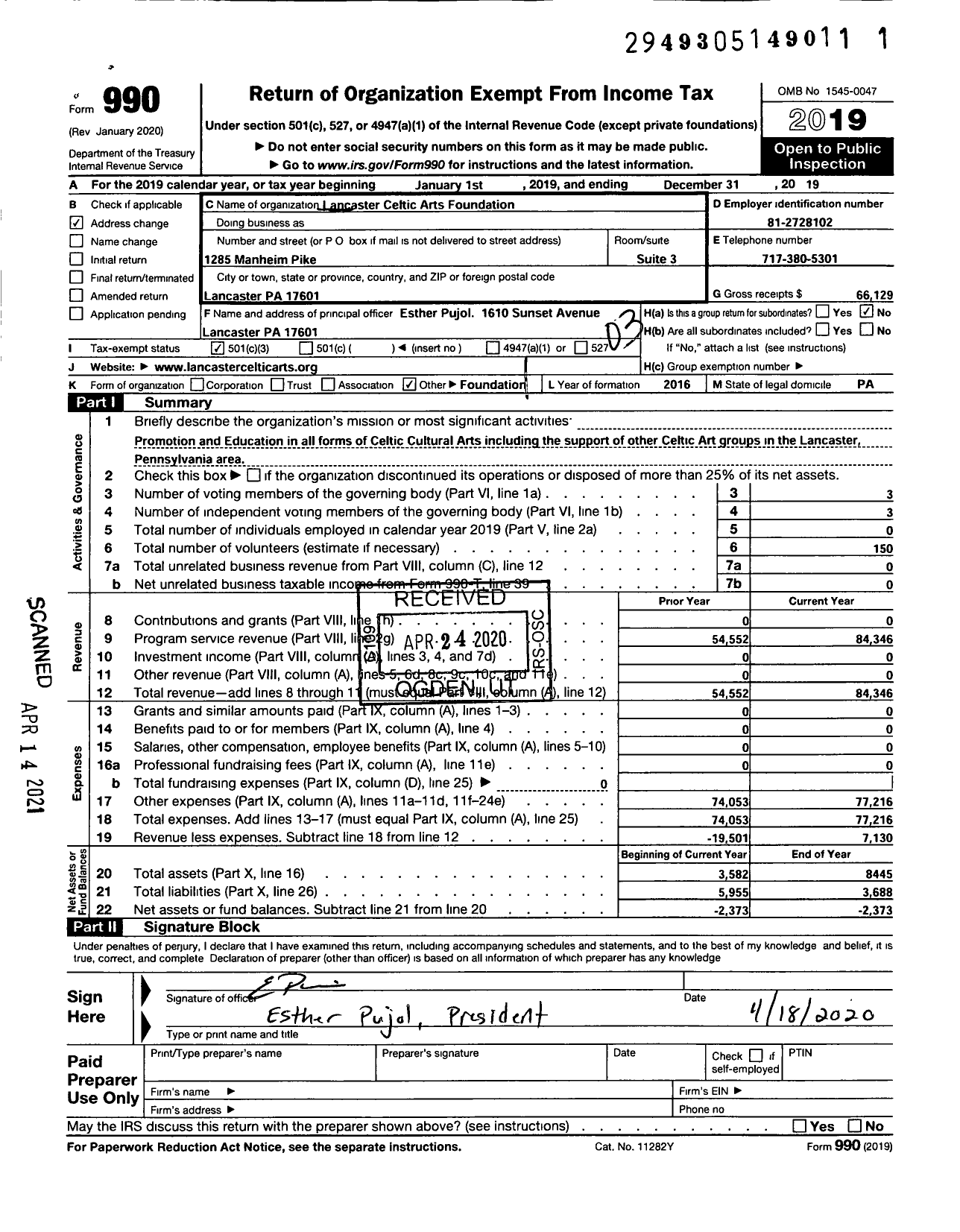 Image of first page of 2019 Form 990 for The Lancaster Celtic Arts Foundation