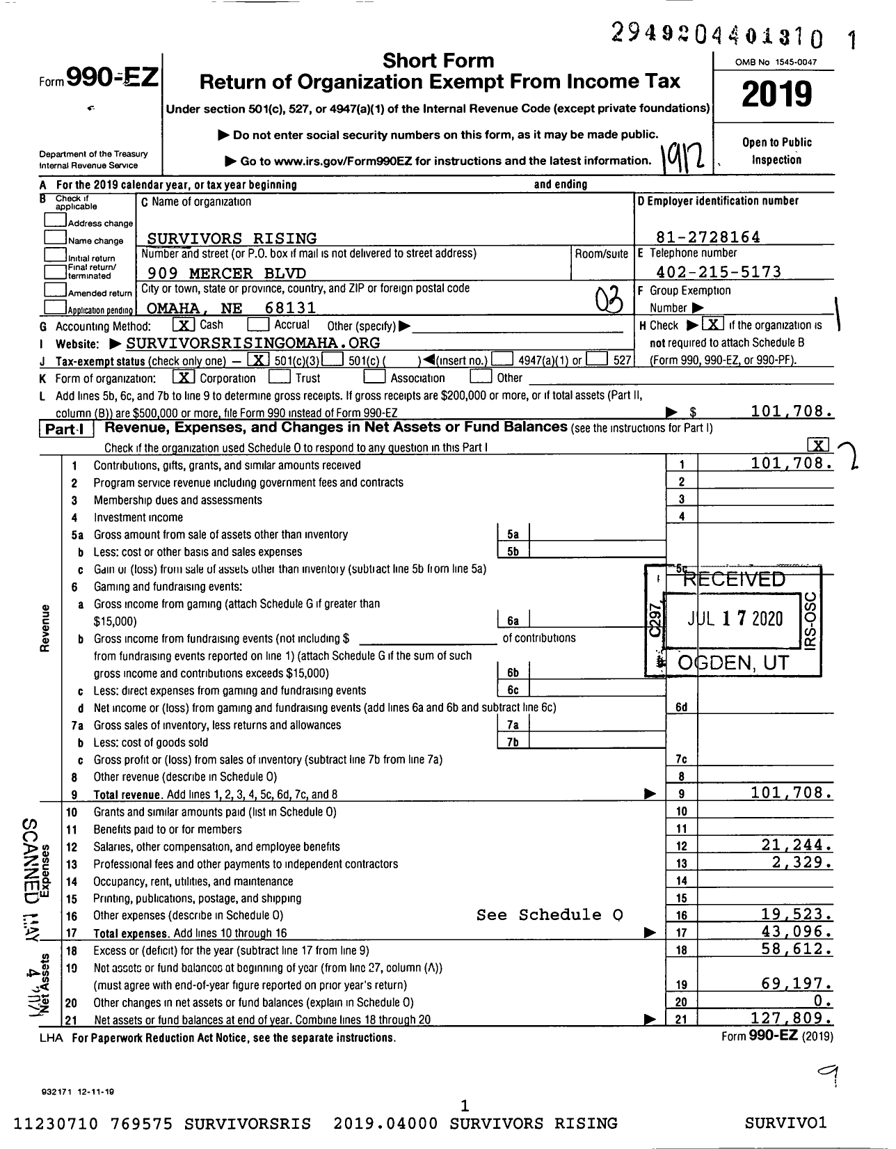 Image of first page of 2019 Form 990EZ for Survivors Rising