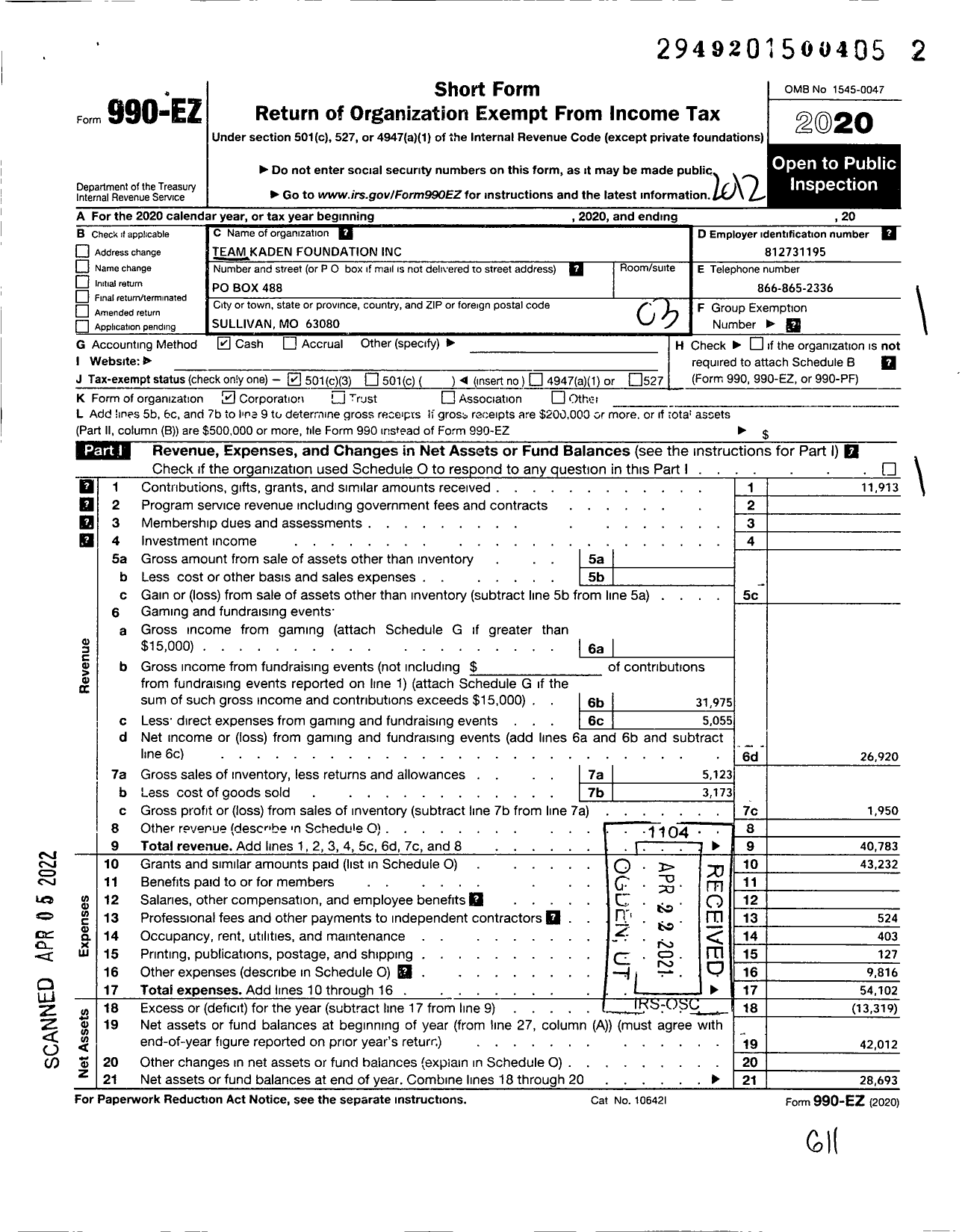 Image of first page of 2020 Form 990EZ for Team Kaden Foundation