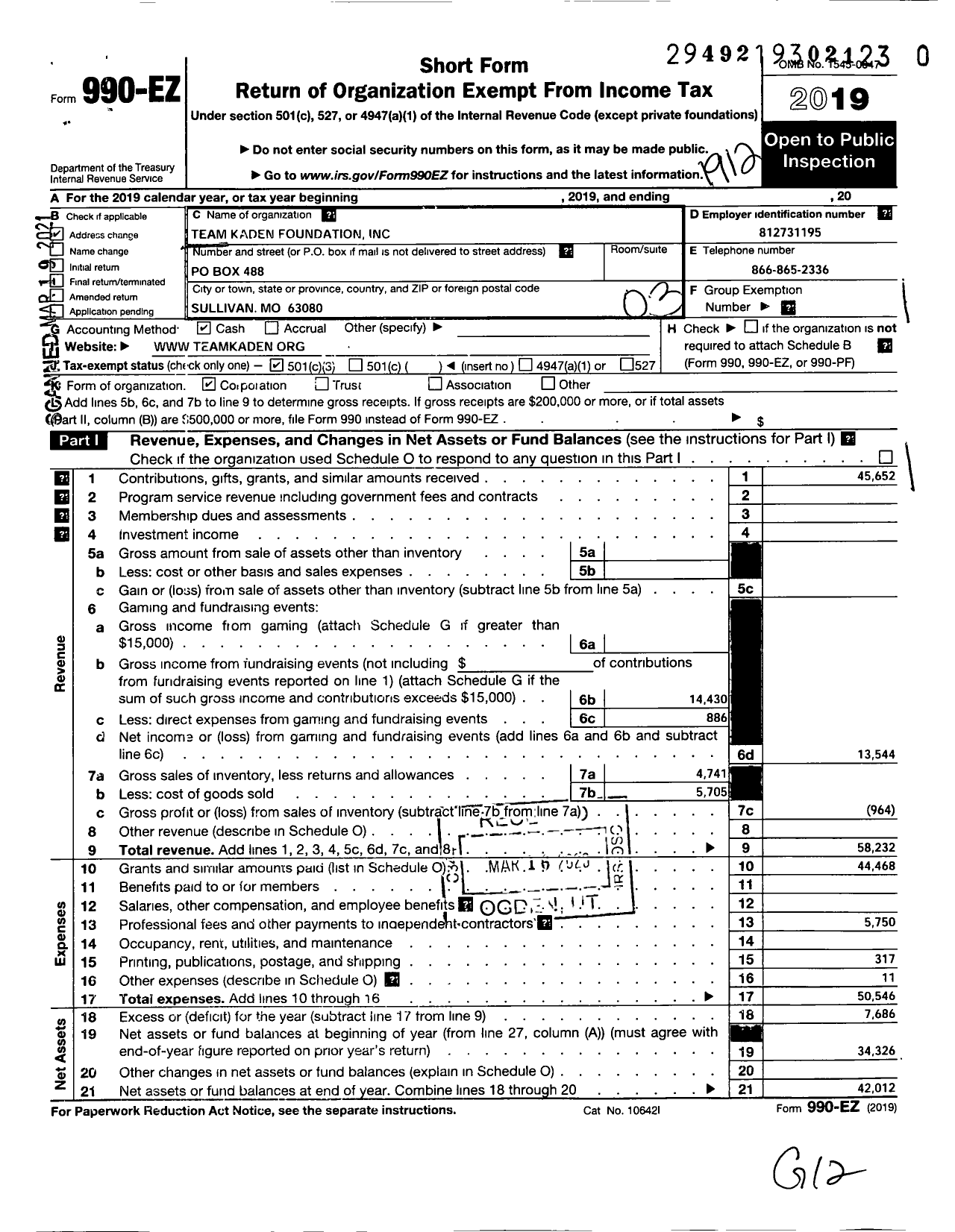 Image of first page of 2019 Form 990EZ for Team Kaden Foundation