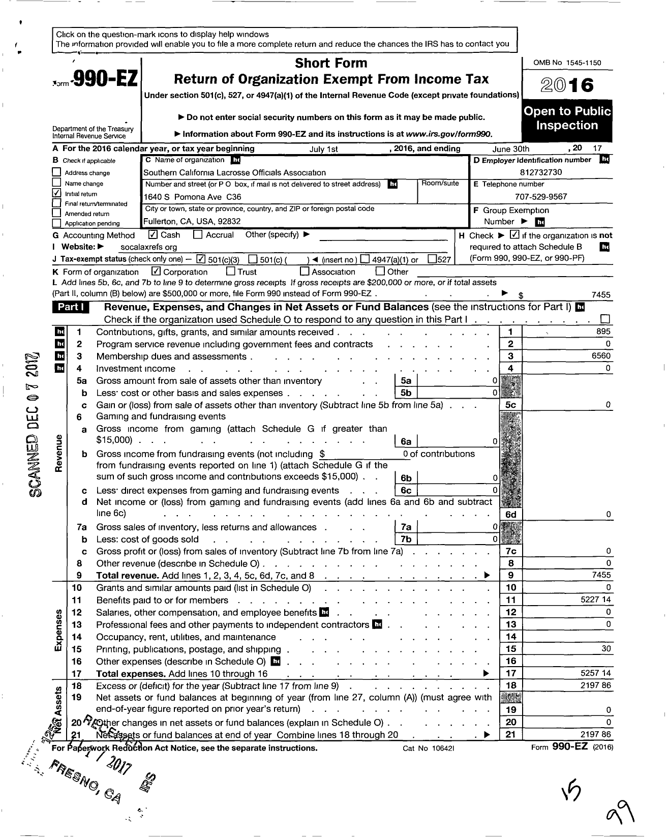 Image of first page of 2016 Form 990EZ for Southern California Lacrosse Officials Association