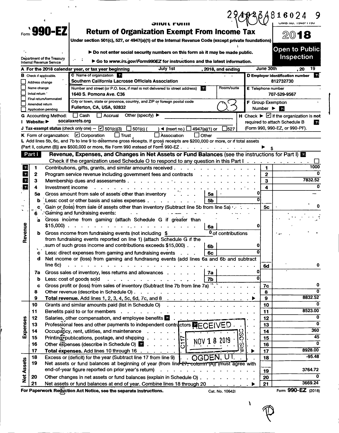 Image of first page of 2018 Form 990EZ for Southern California Lacrosse Officials Association