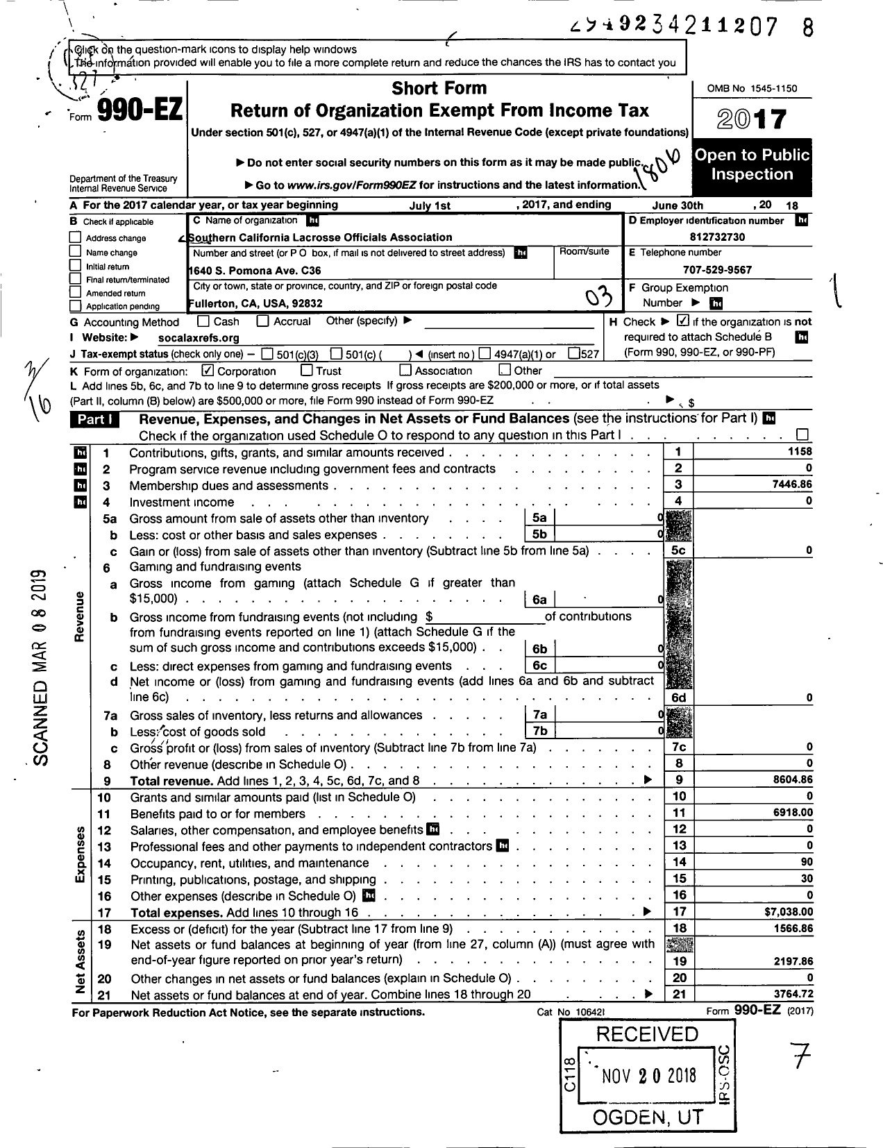 Image of first page of 2017 Form 990EZ for Southern California Lacrosse Officials Association