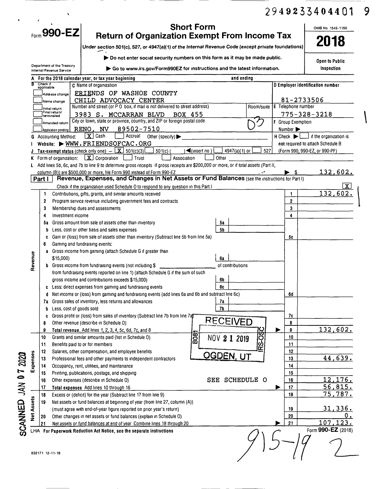 Image of first page of 2018 Form 990EZ for Friends of Washoe County Child Advocacy Center