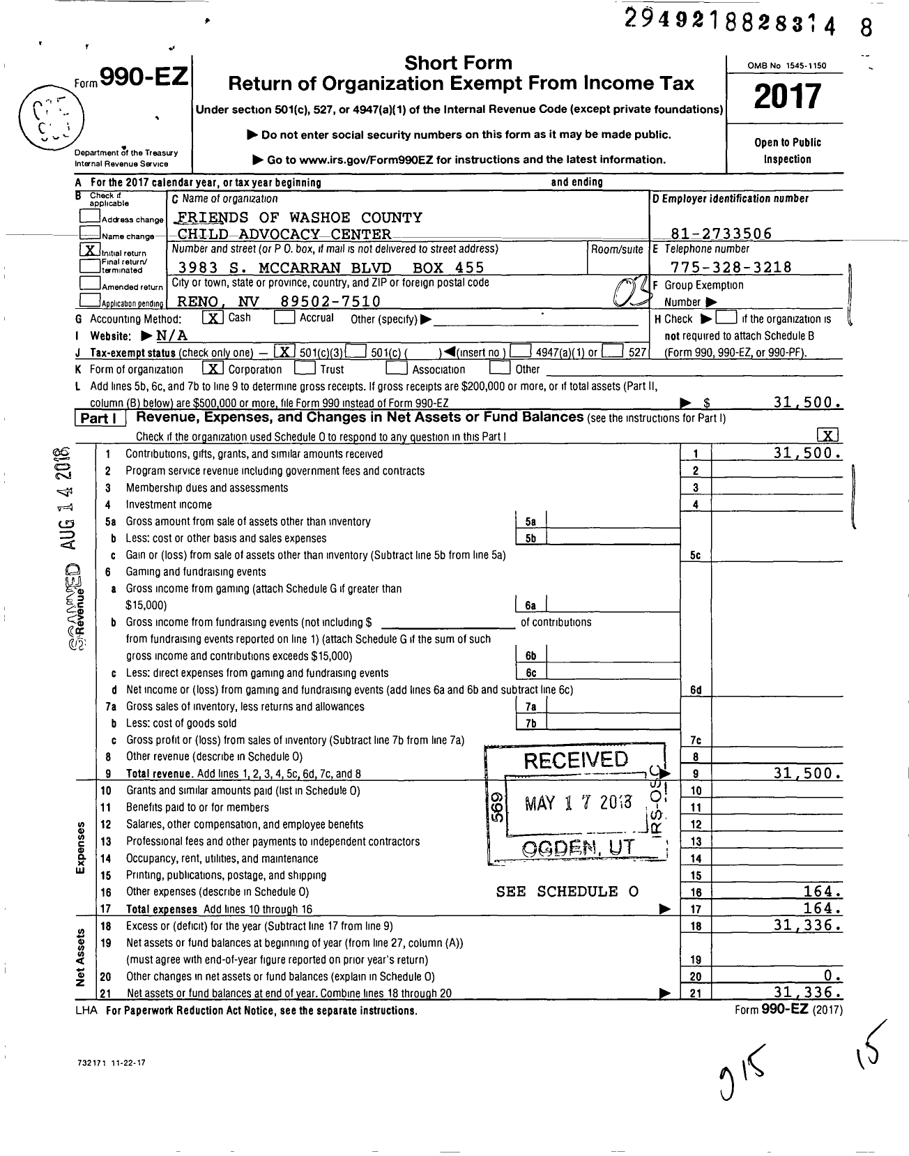 Image of first page of 2017 Form 990EZ for Friends of Washoe County Child Advocacy Center