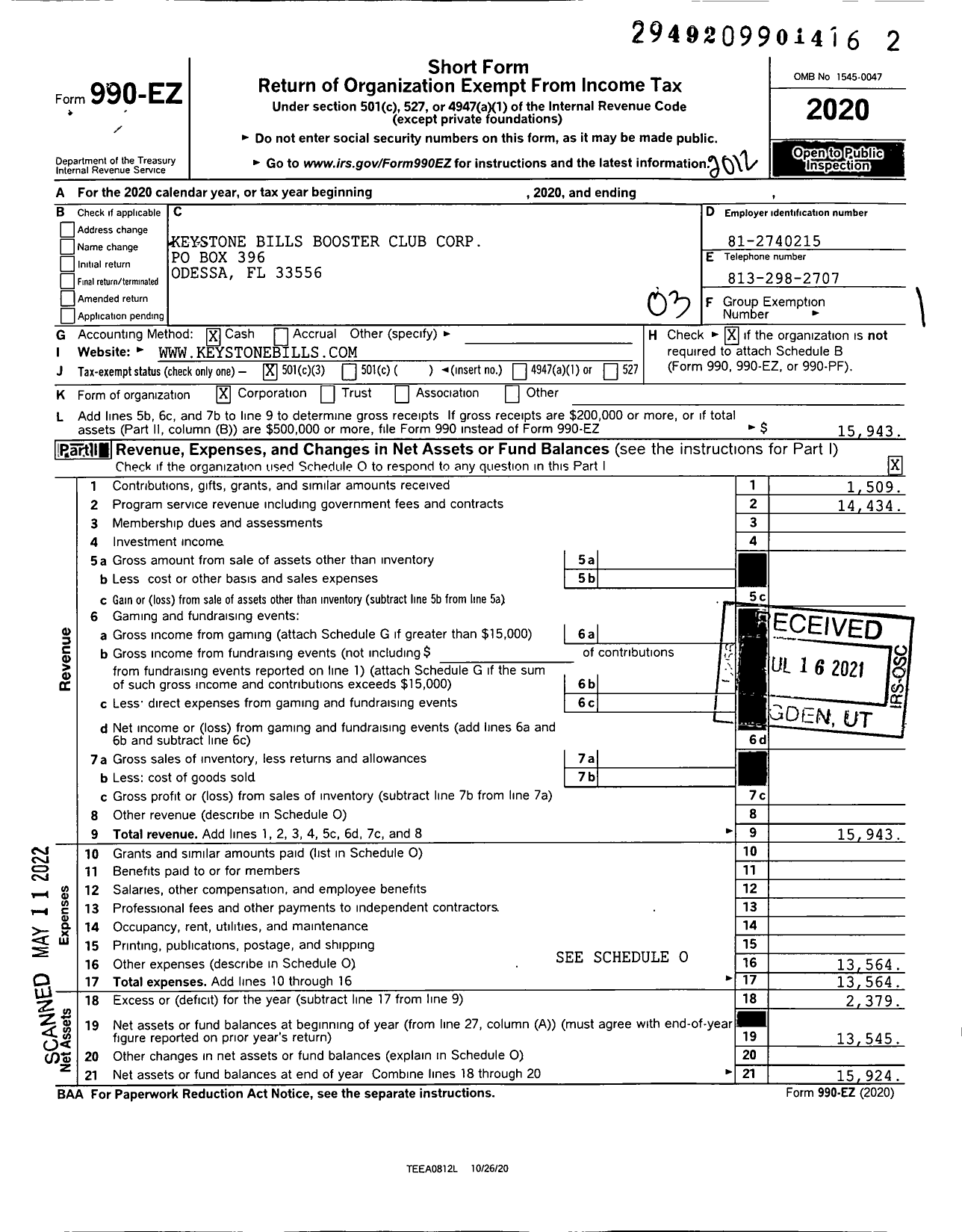 Image of first page of 2020 Form 990EZ for Keystone Bills Booster Club Corporation