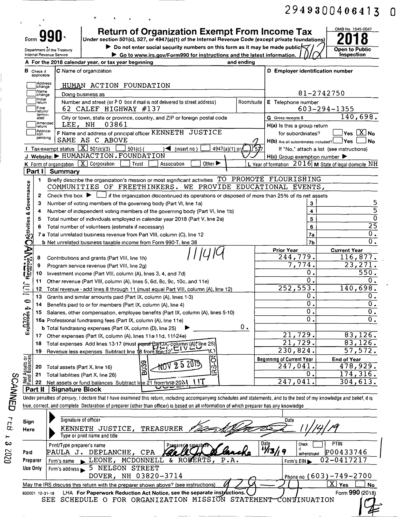 Image of first page of 2018 Form 990 for Human Action Foundation