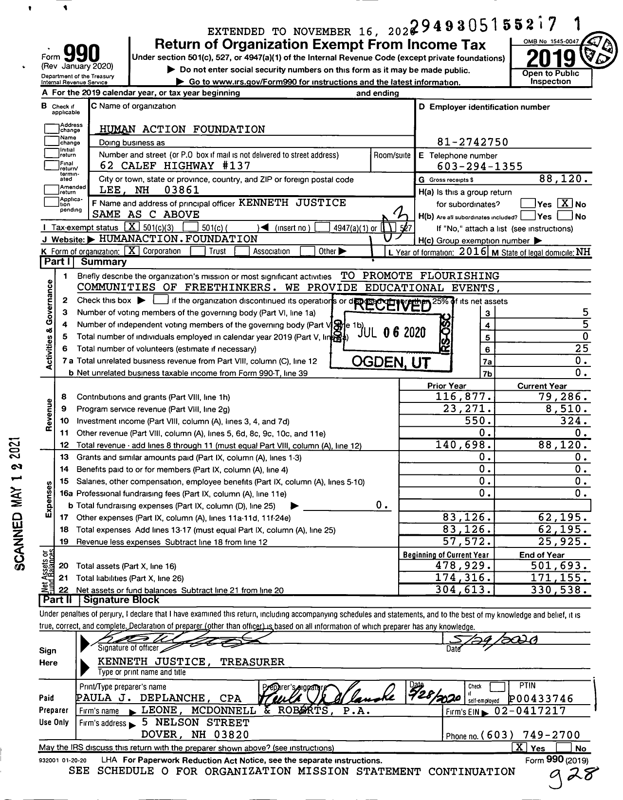 Image of first page of 2019 Form 990 for Human Action Foundation