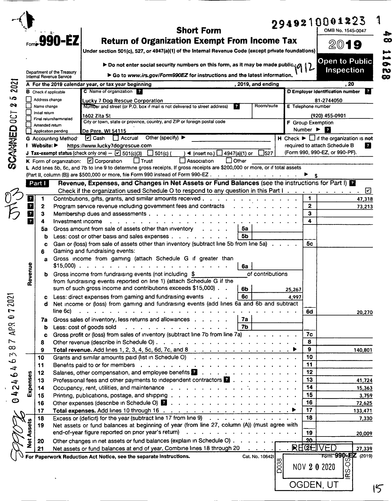 Image of first page of 2019 Form 990EZ for Lucky 7 Dog Rescue Corporation