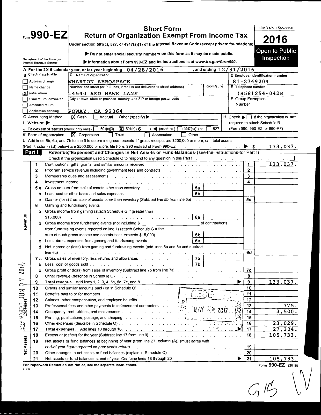 Image of first page of 2016 Form 990EO for Wharton Aerospace
