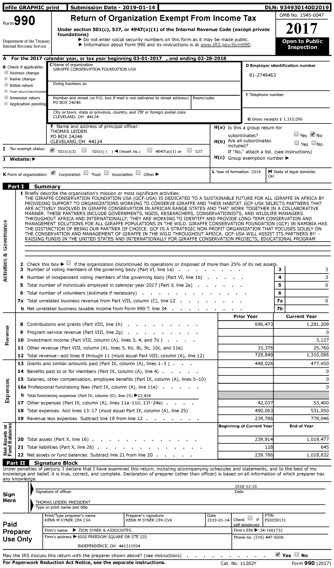 Image of first page of 2017 Form 990 for Giraffe Conservation Foundation USA