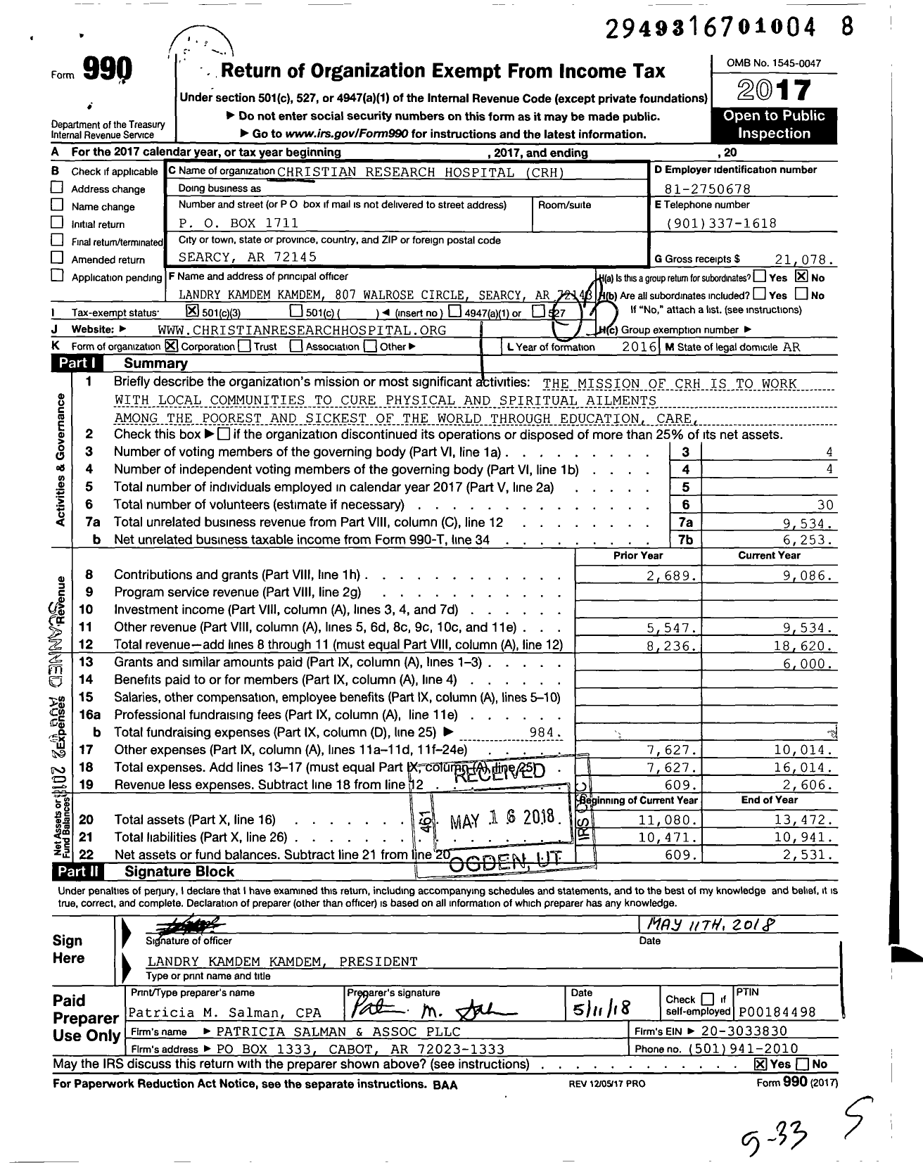 Image of first page of 2017 Form 990 for Christian Research Hospital (CRH)