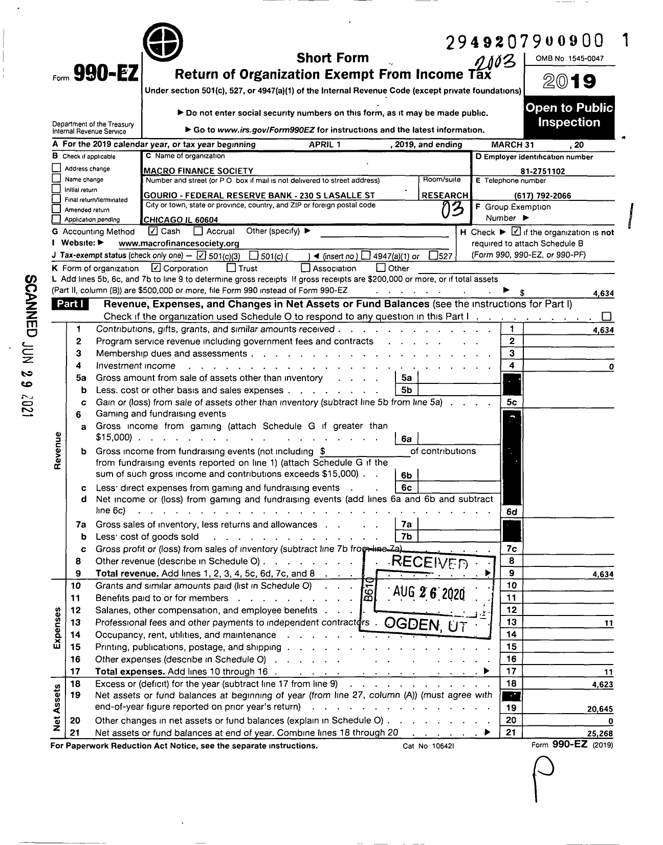 Image of first page of 2019 Form 990EZ for Macro-Finance Society