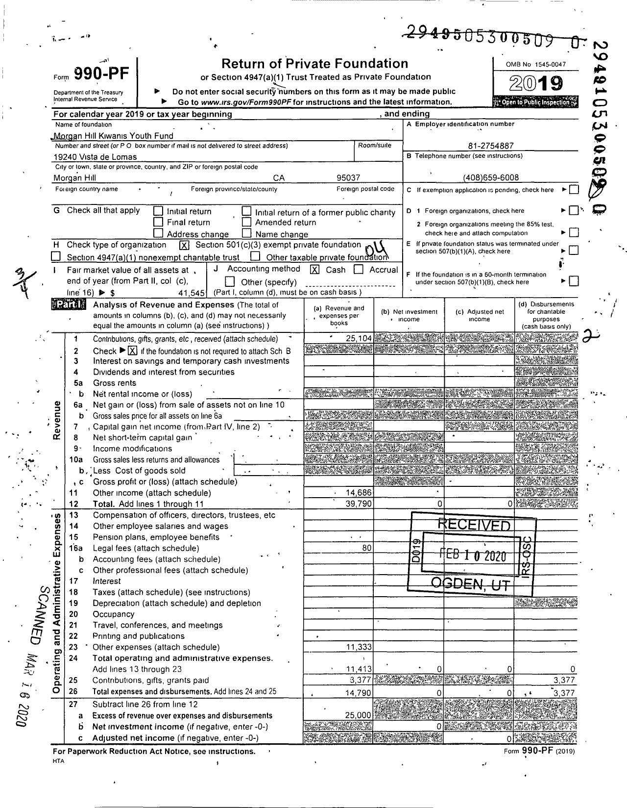 Image of first page of 2019 Form 990PR for Morgan Hill Kiwanis Youth Fund