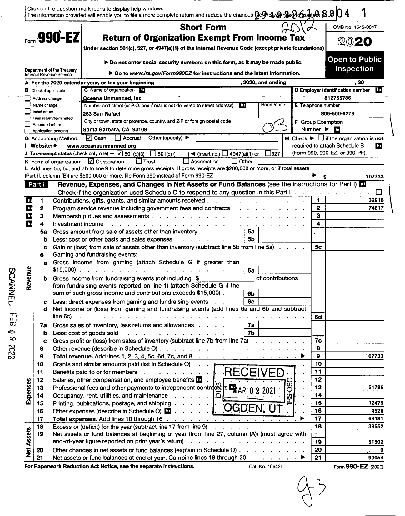 Image of first page of 2020 Form 990EZ for Oceans Unmanned