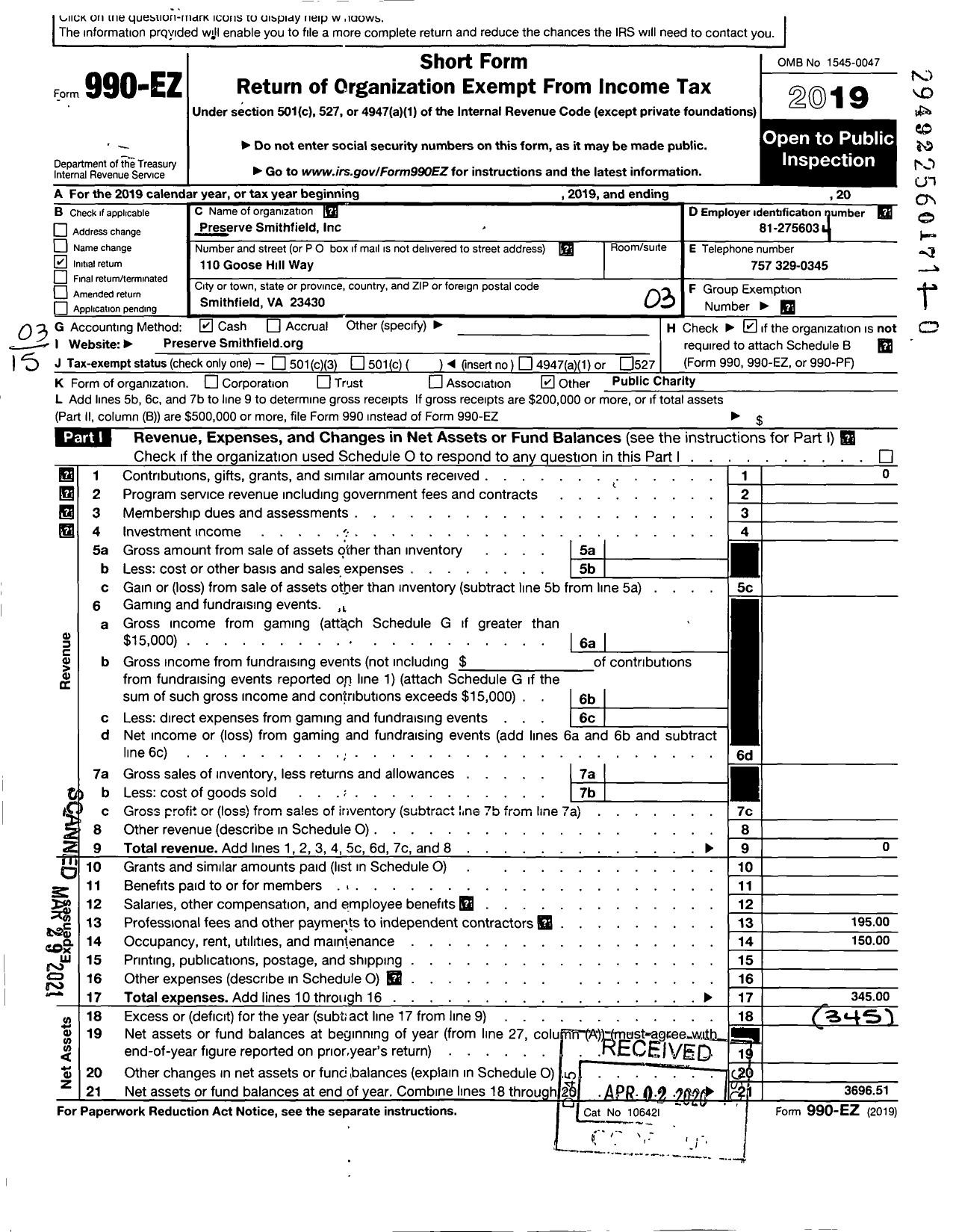 Image of first page of 2019 Form 990EZ for 1750 Isle of Wight County Courthouse