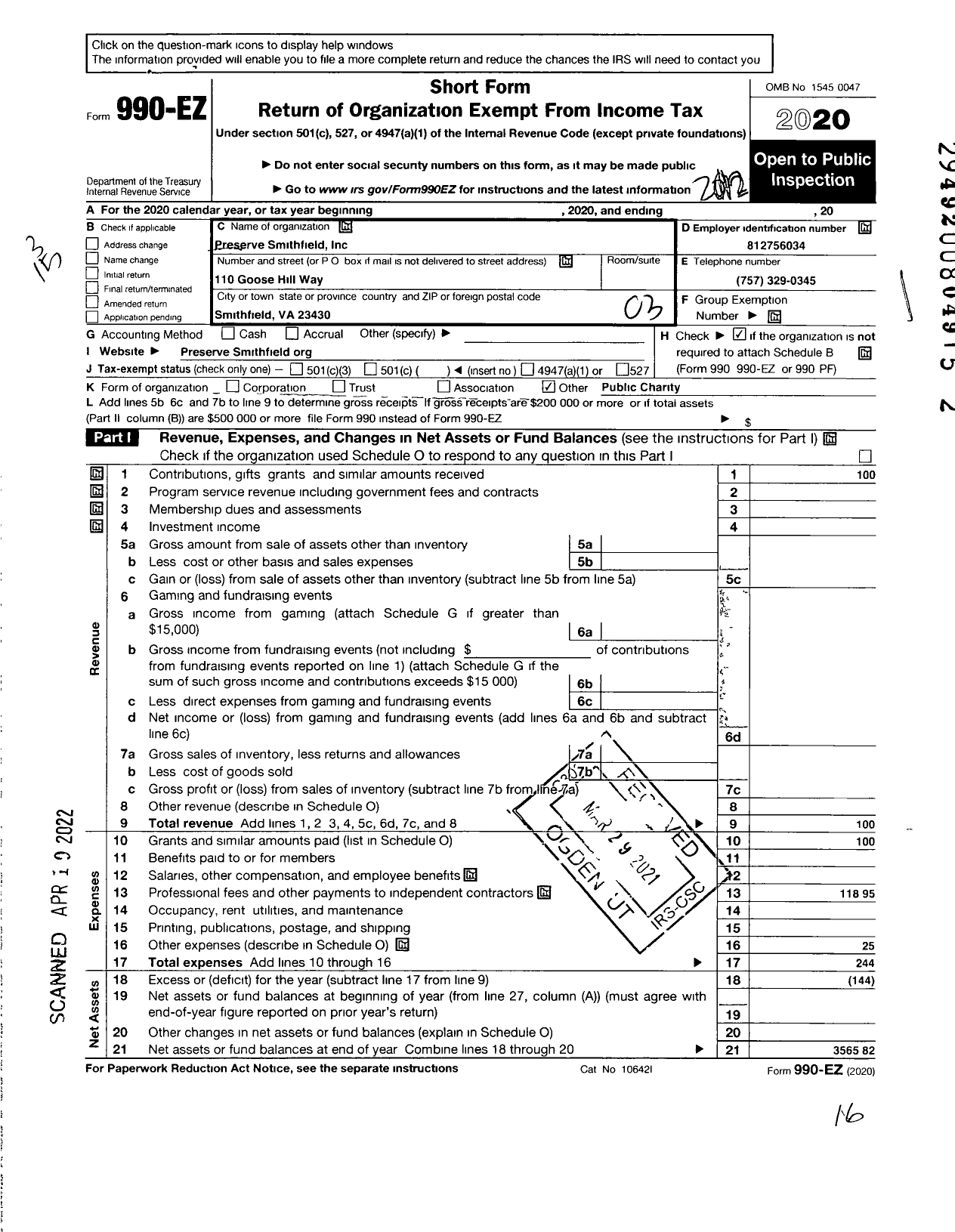 Image of first page of 2020 Form 990EZ for 1750 Isle of Wight County Courthouse