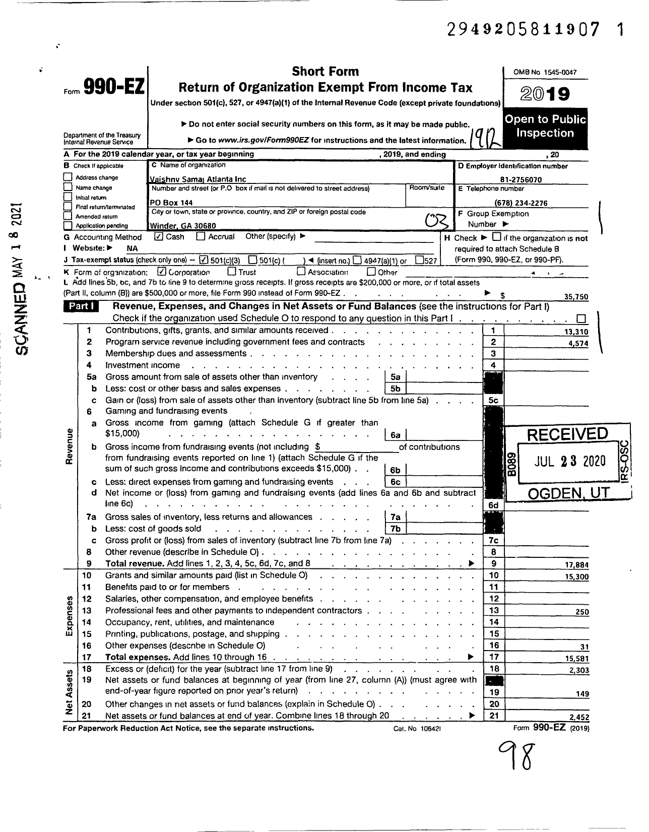 Image of first page of 2019 Form 990EZ for VAISHNV Samaj Atlanta