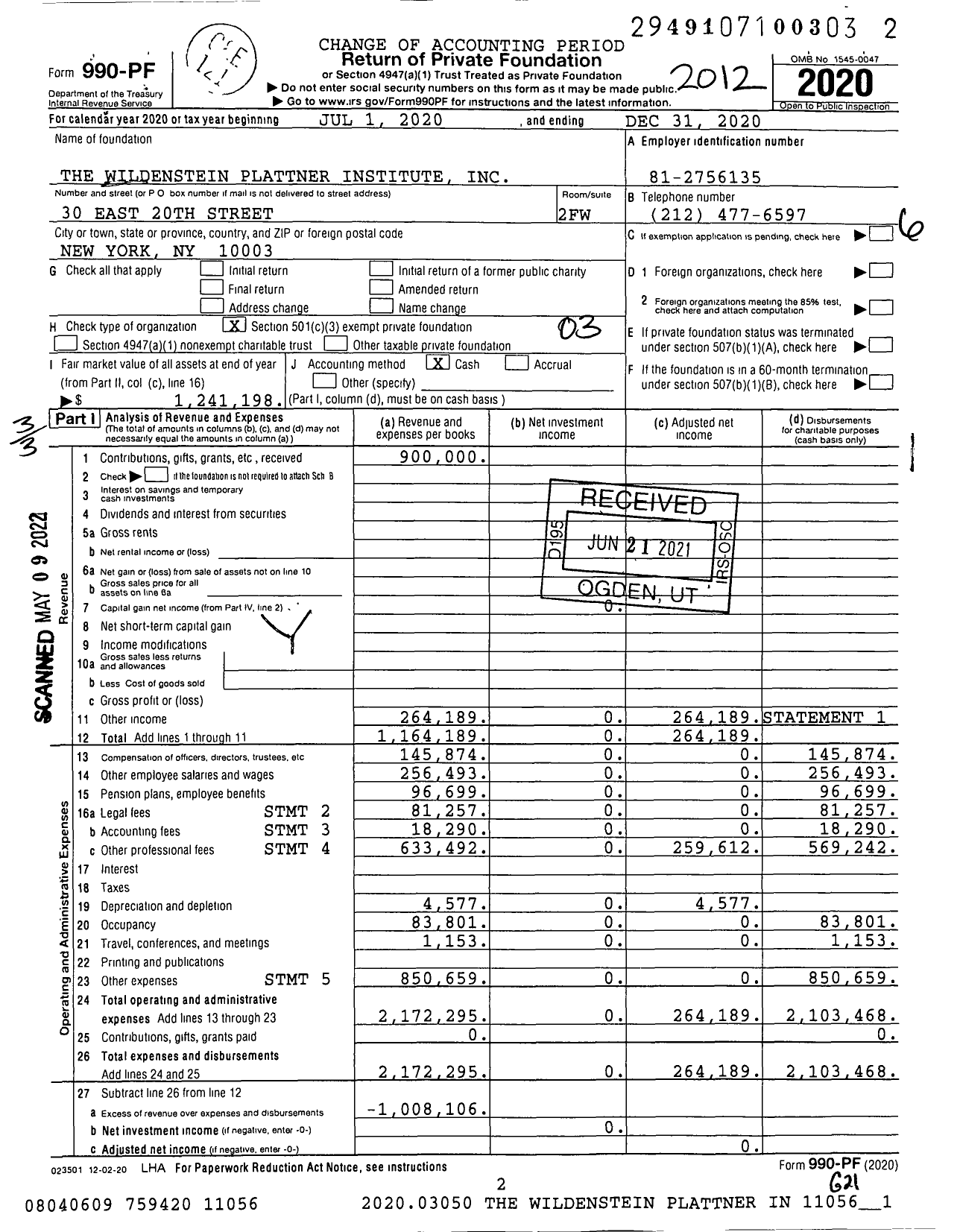 Image of first page of 2020 Form 990PF for The Wildenstein Plattner Institute