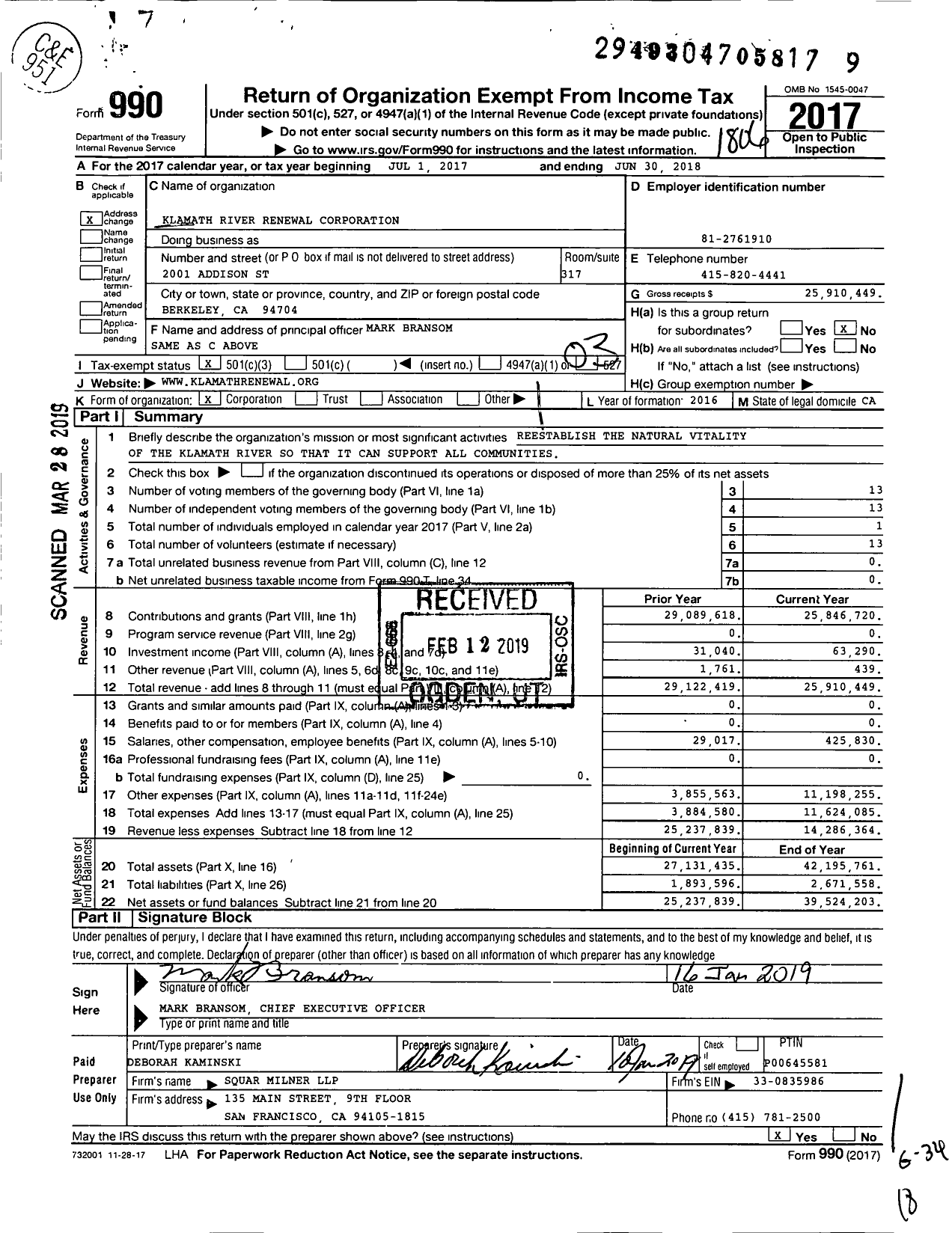 Image of first page of 2017 Form 990 for Klamath River Renewal Corporation