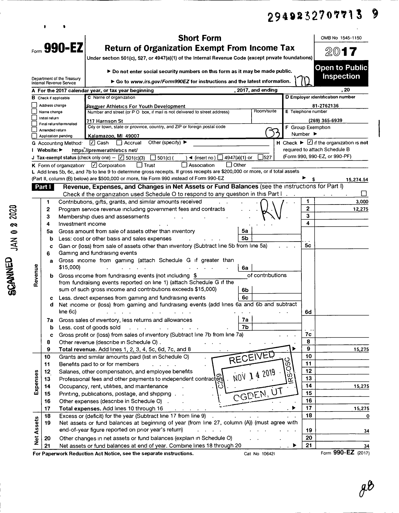 Image of first page of 2017 Form 990EZ for Premier Athletics for Youth Development