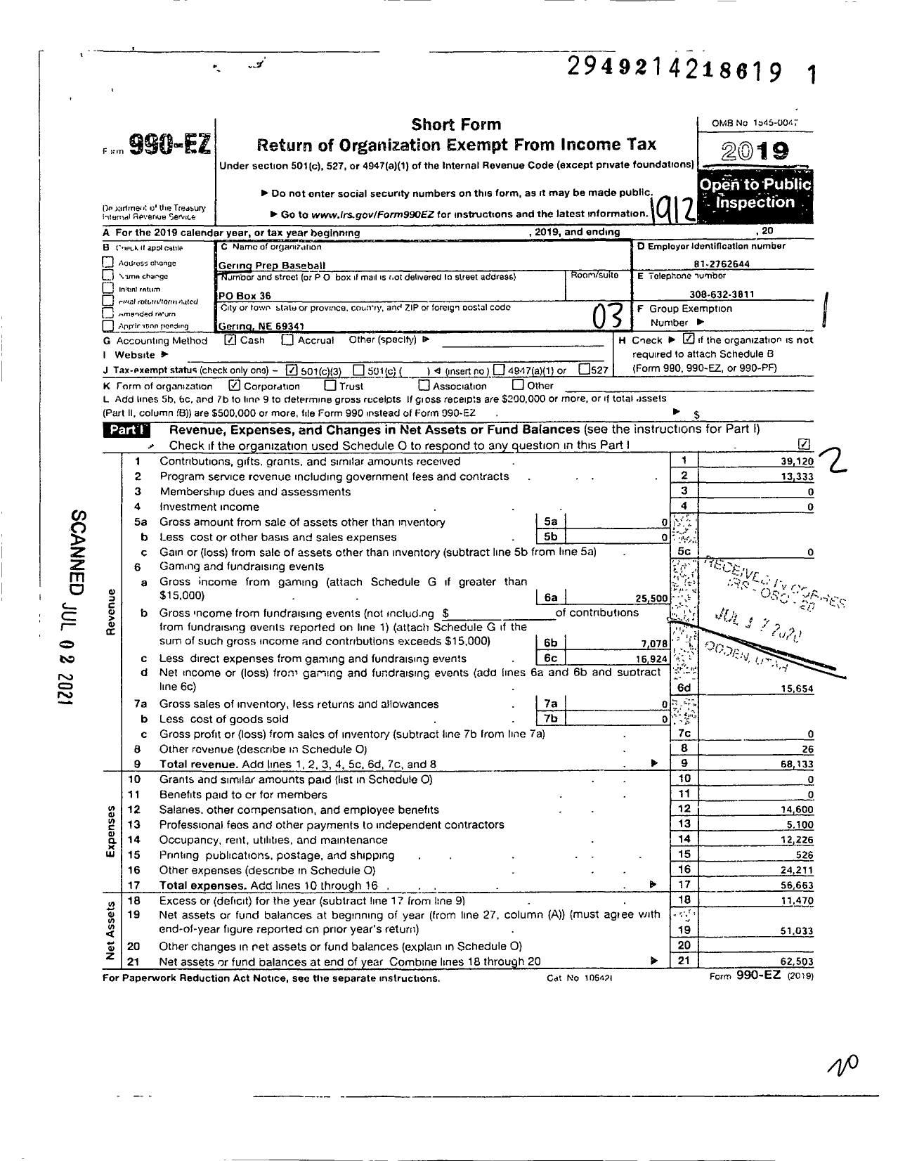 Image of first page of 2019 Form 990EZ for Gering Prep Baseball