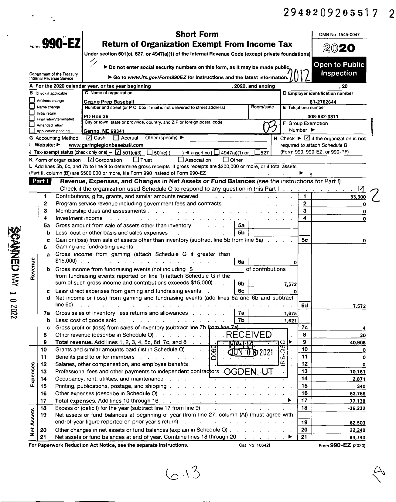 Image of first page of 2020 Form 990EZ for Gering Prep Baseball