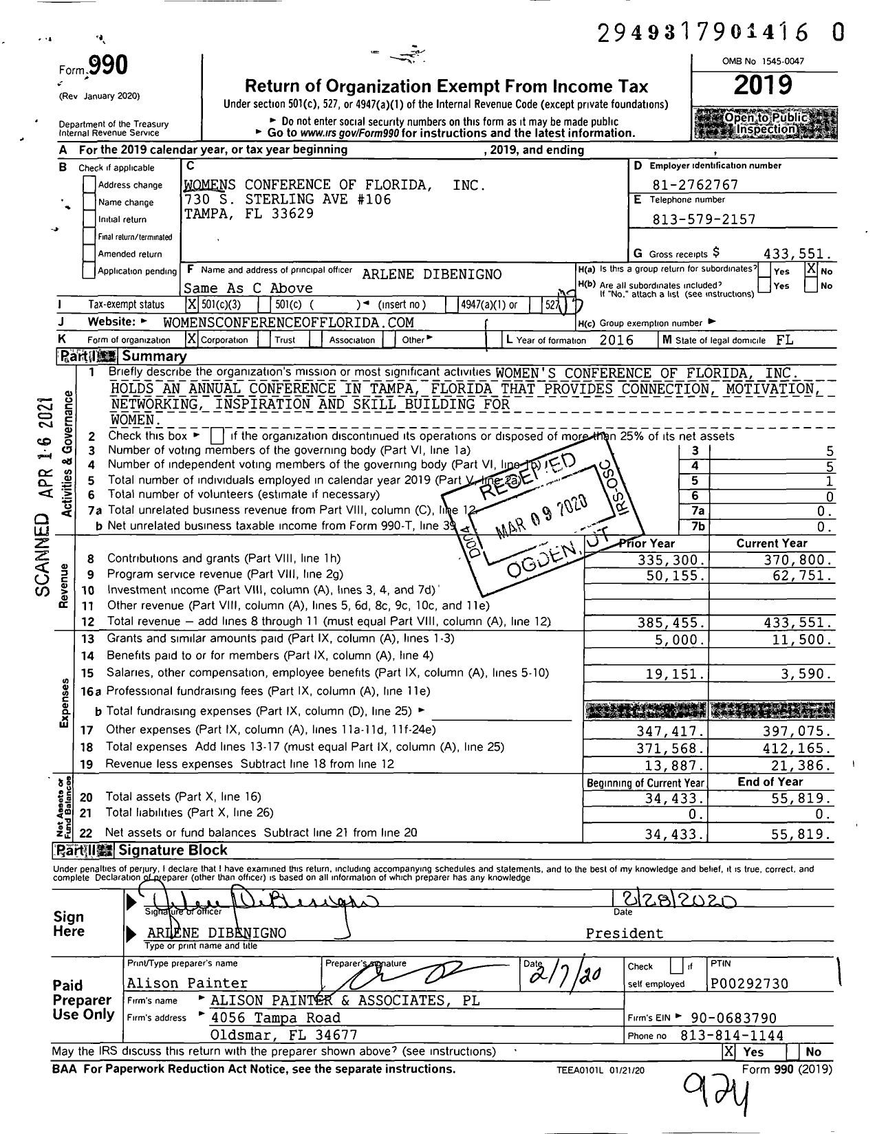 Image of first page of 2019 Form 990 for Womens Conference of Florida