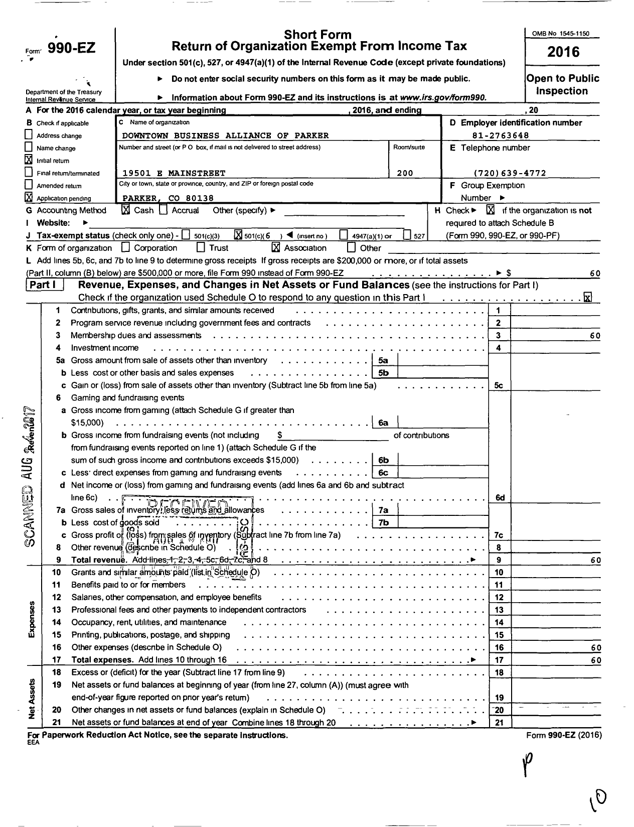 Image of first page of 2016 Form 990EO for Downtown Business Alliance of Parker