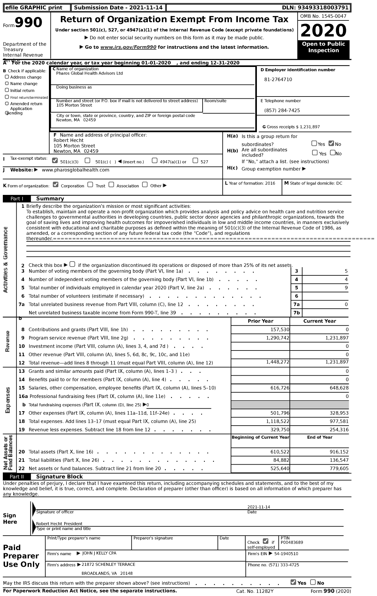 Image of first page of 2020 Form 990 for Pharos Global Health Advisors